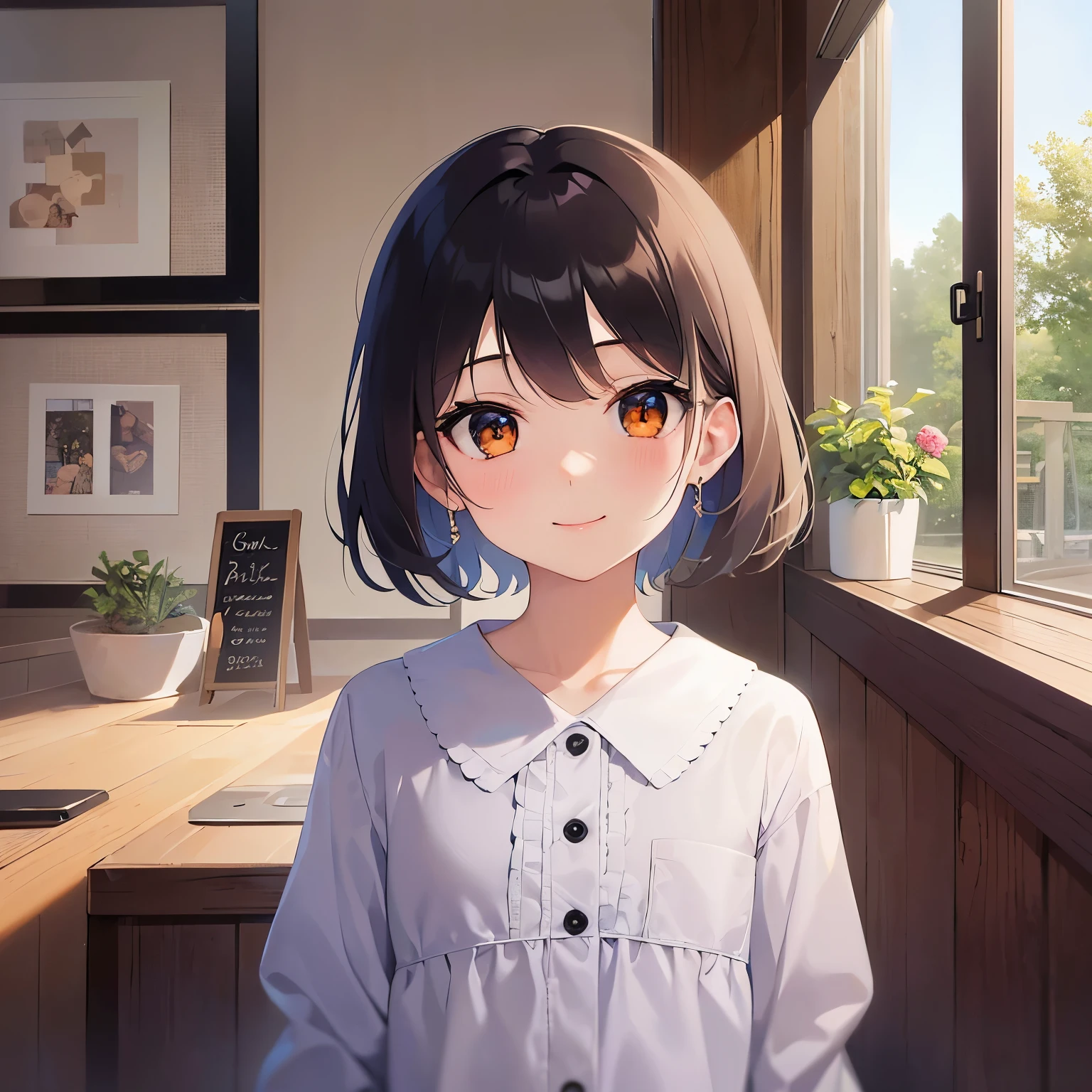 、bob cut, masterpiece、highest quality、 A 5-year-old girl with brown bangs and orange eyes.、young girl, (white) and (blouse)、(smile:1.3)、(stare intently:1.5)、Are standing、The background is the living room、bold composition、Upper body is shown、Alone、