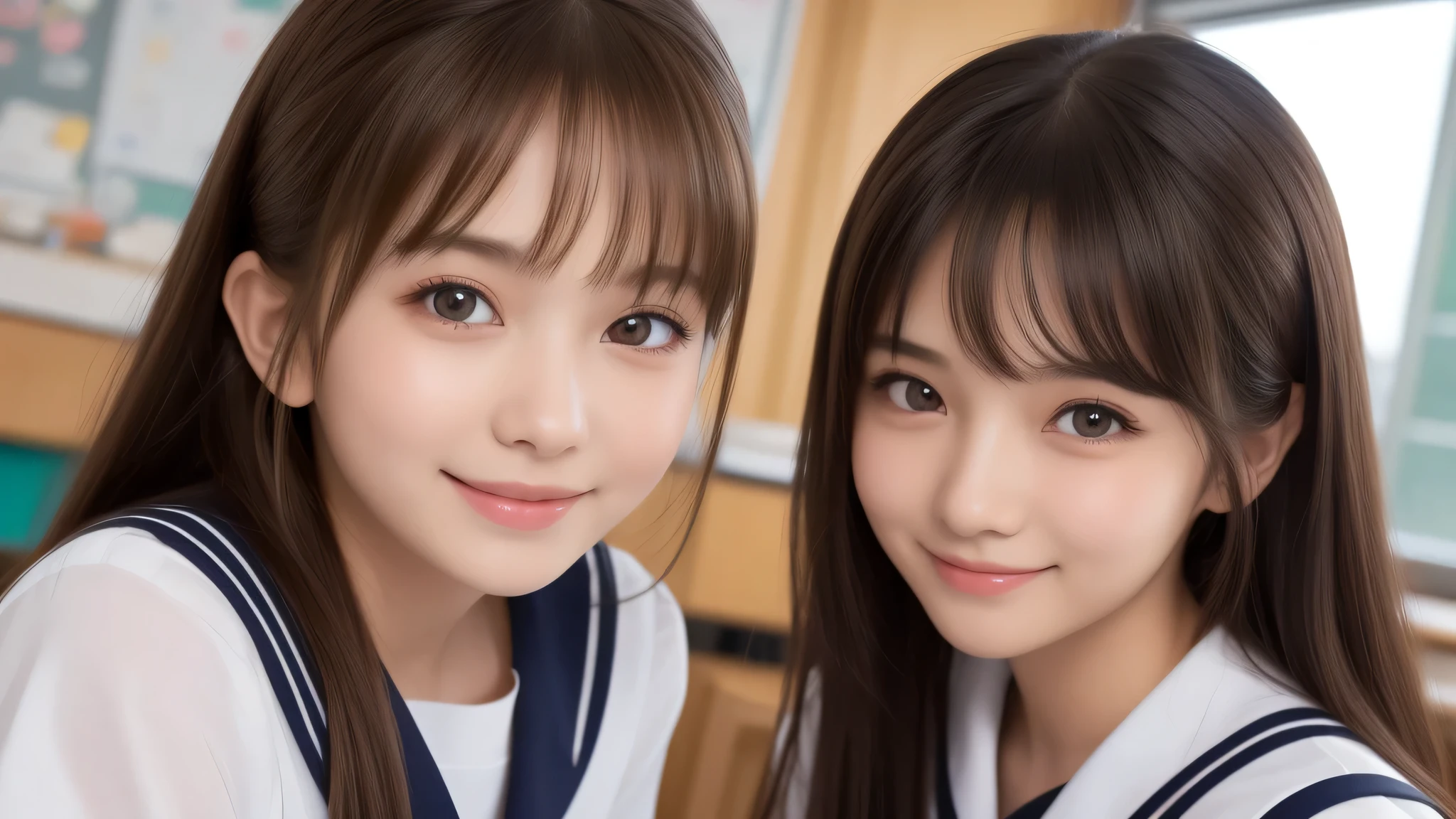 (2 girls), 17yo, big round eyes, (cute dimples), incredibly beautiful face, enchanting smile, (sailor suit:1.2), (highest quality: 1.4), (Super detailed), (highest quality:1.4), (Super detailed), evening, very high resolution, (Upper body), close up face, (School, classroom), School anime, anime illustration,
