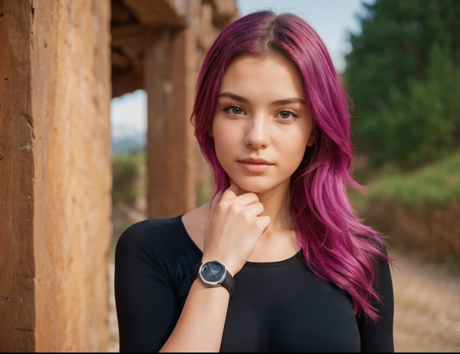 photo of a 20yo woman, perfect face, hiking the mountains in sexy sport clothing