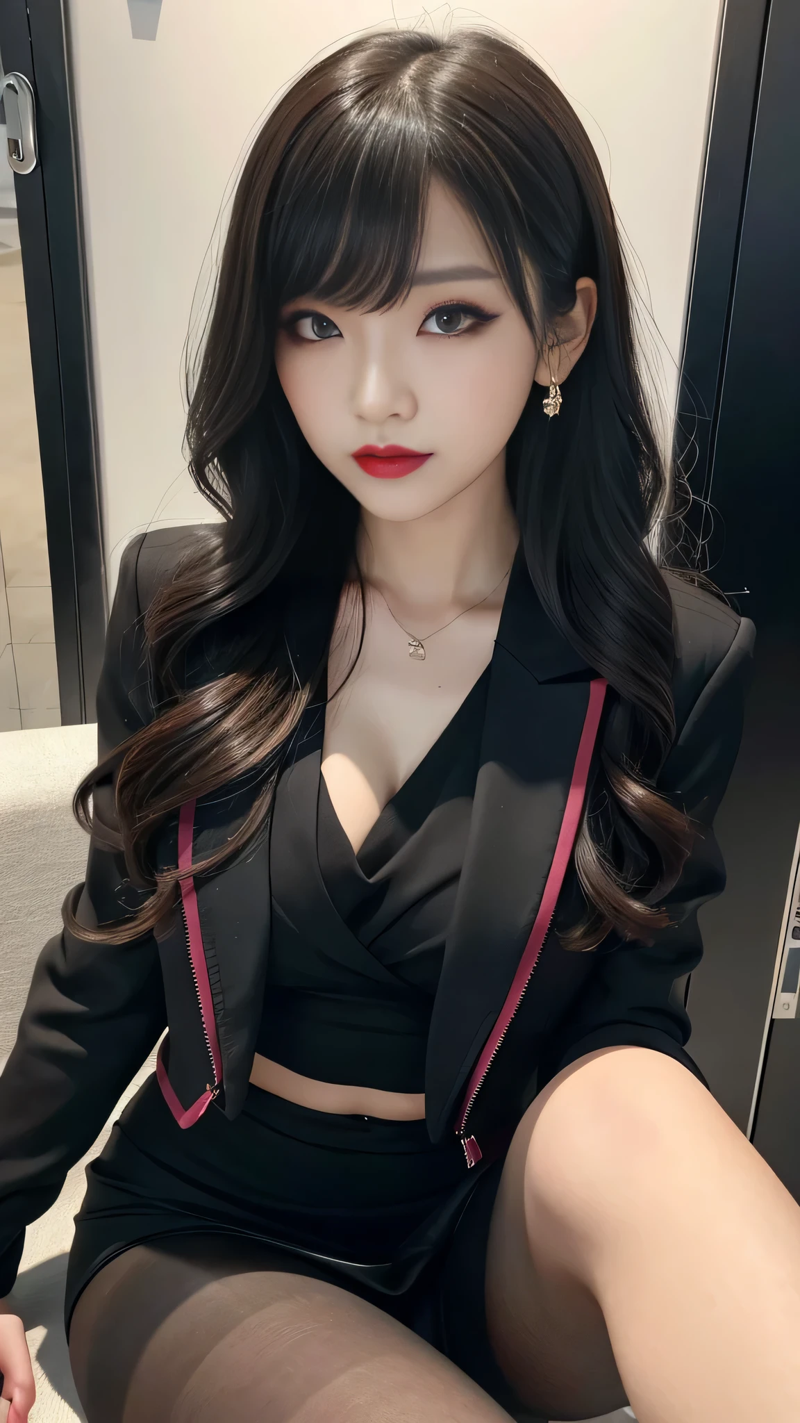 Super detailed、Japanese、charming beauty、seductive adult woman、Beautiful woman、sharp eyes、cool girl、wavy hair、flowing bangs、suit、Jacket、blouse、Tight Skirt、pantyhose、beautiful feet、evilの幹部、evil depravity、brainwashing、Mind control、lipstick、grin、evilな表情、evil、empty eyes、evil、night lab、vampire、Succubus、vampire、Possessed and turned black、makeup brush