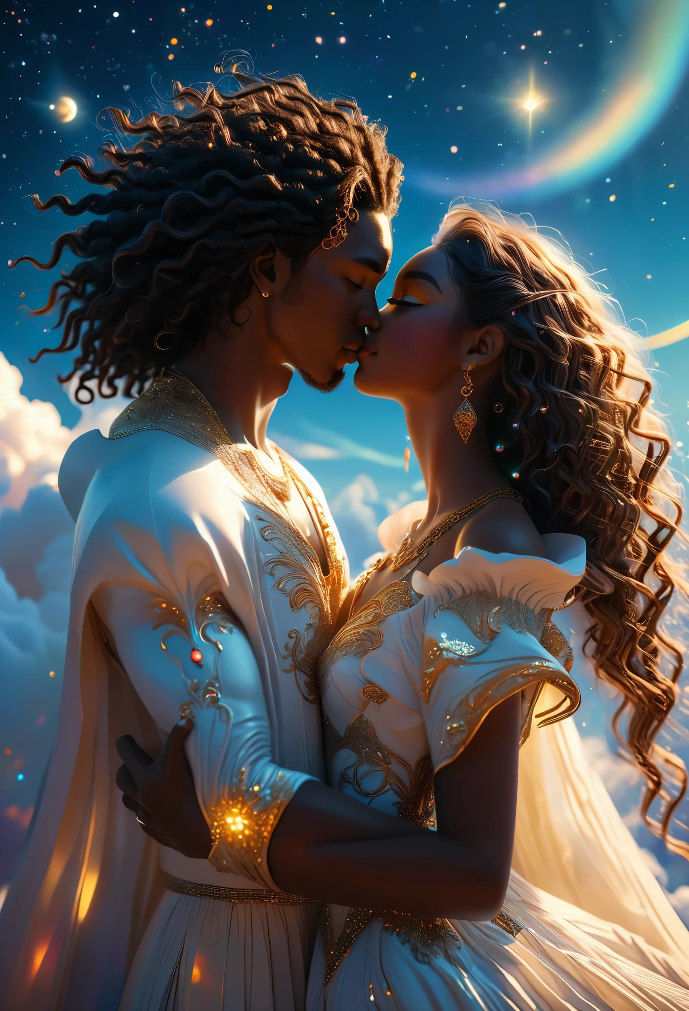 Loving couple in a celestial landscape, young dark-skinned couple in their 17s, on a cloud, a boy and a girl, he is a divine prince with long curly brown hair, she is a mixed-race dark hair afro, Full body, 8K, extremely detailed, high quality, (photorealistic:1.37), Full body, ideal proportions and defined complexion, meticulously crafted features, unreachable beauty, perfection, breathtaking elegance, g curves, goddess-like figures, divine symmetry, artistic masterpieces, vivid realism, hyper-detailed sculptures, life-like forms, truly awe-inspiring, impeccable craftsmanship, pure radiance, ethereal beauty, delicate contours, striking poses, sublime beauty, subtle nuances, dynamic compositions, vibrant colors, perfect lighting, soulful expressions, celestial aura, majestic presence, dreamlike atmosphere, unmatched gdetailed octane render trending on artstation, 8 k artistic photography, photorealistic concept art, soft natural volumetric cinematic perfect light, chiaroscuro, award - winning photograph, masterpiece, perfect composition, beautiful detailed intricate insanely
