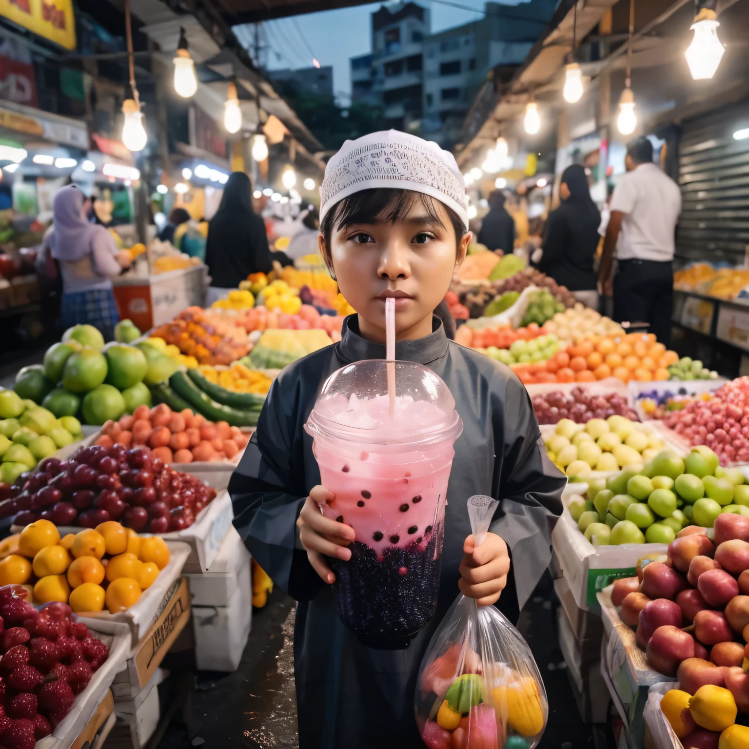 seorang anak usia 7 tahun, berdiri di tengah pasar buah. Individu tersebut mengenakan pakaian muslim. Di tangan terdapat sebuah gelas plastik besar berisi minuman merah muda dengan bubble hitam di bagian bawah, serta sedotan. Selain itu, mereka juga memegang kantong plastik transparan yang berisi bola-bola jelly berwarna-warni. Latar menampilkan banyak buah segar yang ditampilkan di meja-meja penjual, dengan pencahayaan dari lampu-lampu membuat suasana pasar terlihat ramai