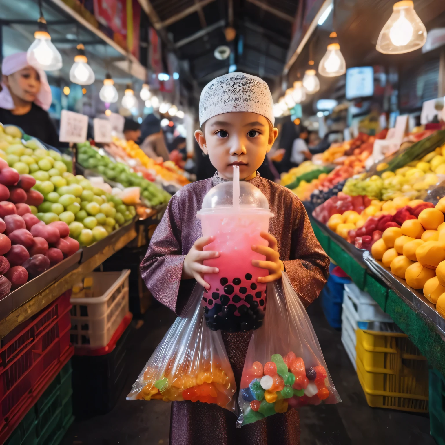 seorang anak laki-laki usia 7 tahun, berdiri di tengah pasar buah. Individu tersebut mengenakan pakaian muslim. Di tangan terdapat sebuah gelas plastik besar berisi minuman merah muda dengan bubble hitam di bagian bawah, serta sedotan. Selain itu, mereka juga memegang kantong plastik transparan yang berisi bola-bola jelly berwarna-warni. Latar menampilkan banyak buah segar yang ditampilkan di meja-meja penjual, dengan pencahayaan dari lampu-lampu membuat suasana pasar terlihat ramai