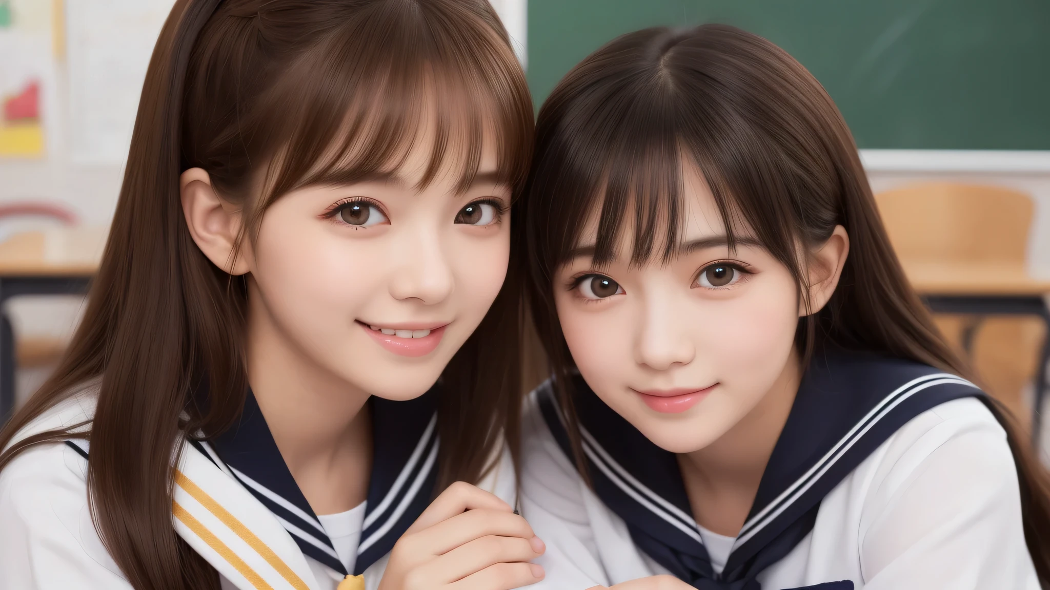 (2 girls), yo, big round eyes, (cute dimples), incredibly beautiful face, enchanting smile, (sailor suit:1.2), (highest quality: 1.4), (Super detailed), (highest quality:1.4), (Super detailed), evening, very high resolution, (Upper body), close up face, (School, classroom), School anime, anime illustration,