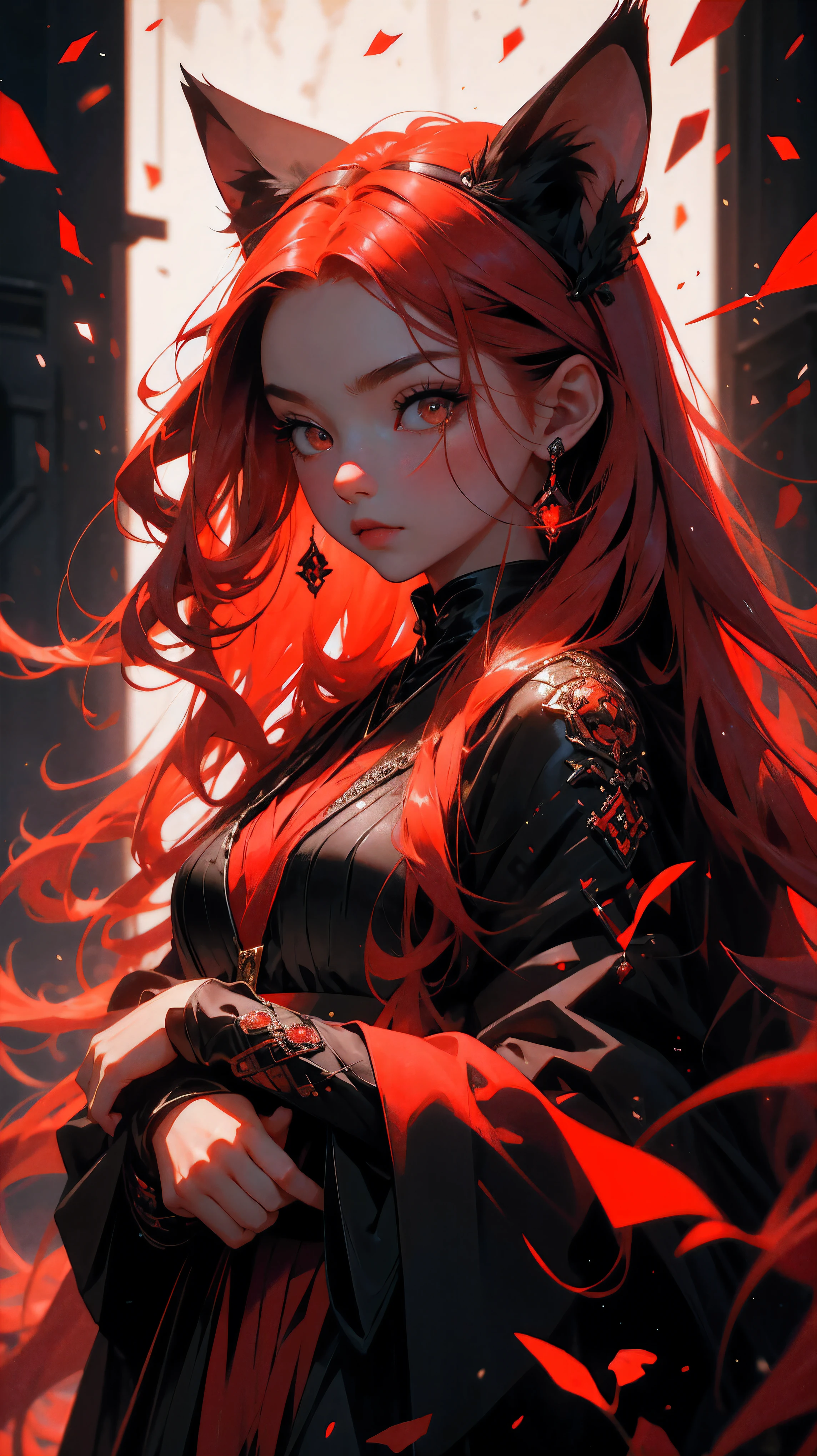 close up, beautiful young girl, red long hair, black eyes, red fox in the hands, girl holding red fox, 8k, high detailed, high realism, dark fantasy art