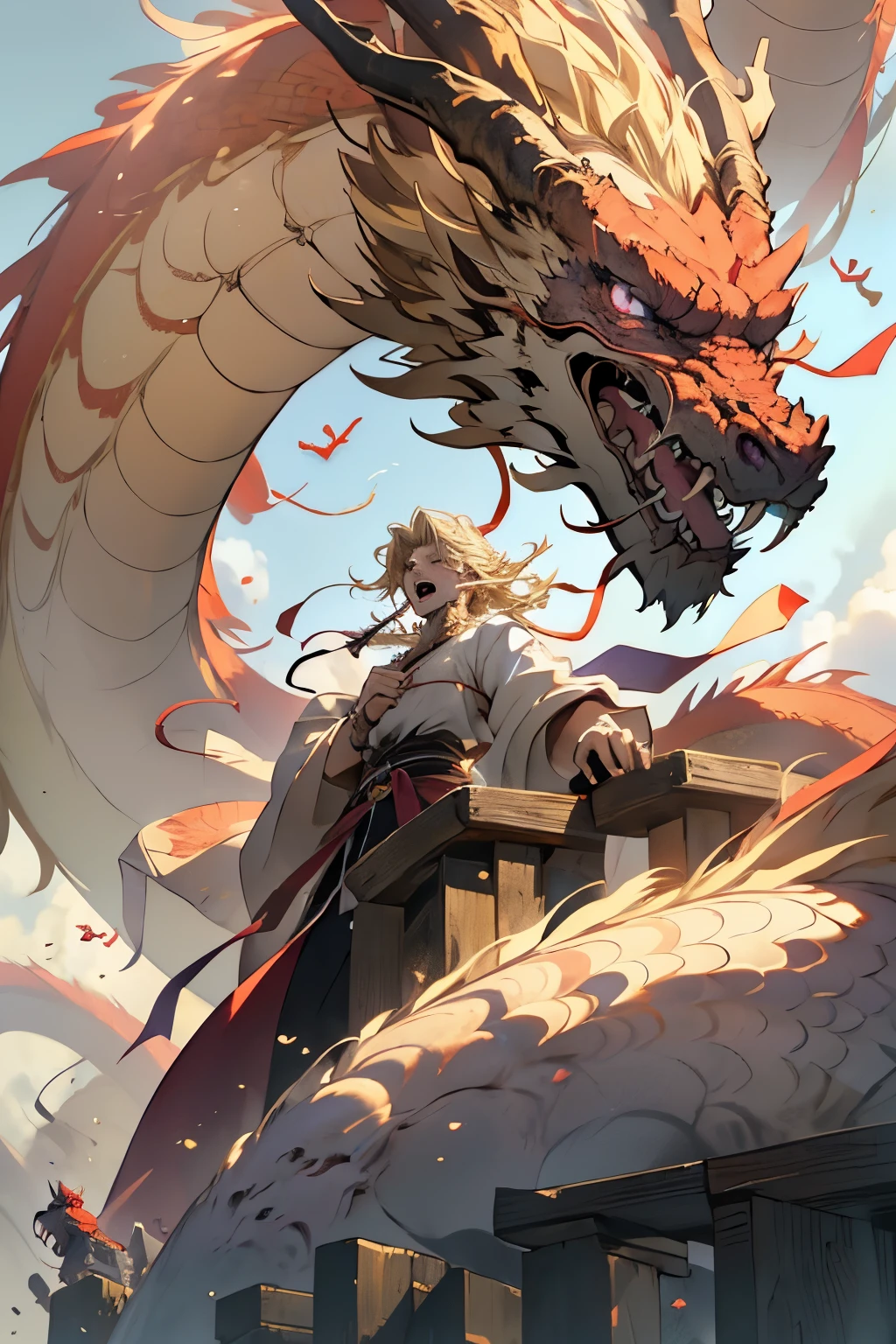 anime - (a red dragon1.4), wings:1.4, a prince being grabbed by a dragon, scared face, looking at the dragon, shocked face, crying face, scared, tears, mouth open, screams, squinting, screaming, mouth wide open, open mouth, yelling, pointing at the sky with hand, pointing forward, looking at the sky, looking up, style image of a young prince with purple eyes and blonde hair, blonde hair, blonde hair, male prince, beautiful male prince, a male prince, portrait of a young prince, handsome guy in demon slayer art, male, young, beautiful androgynous prince, artwork in the style of guweiz