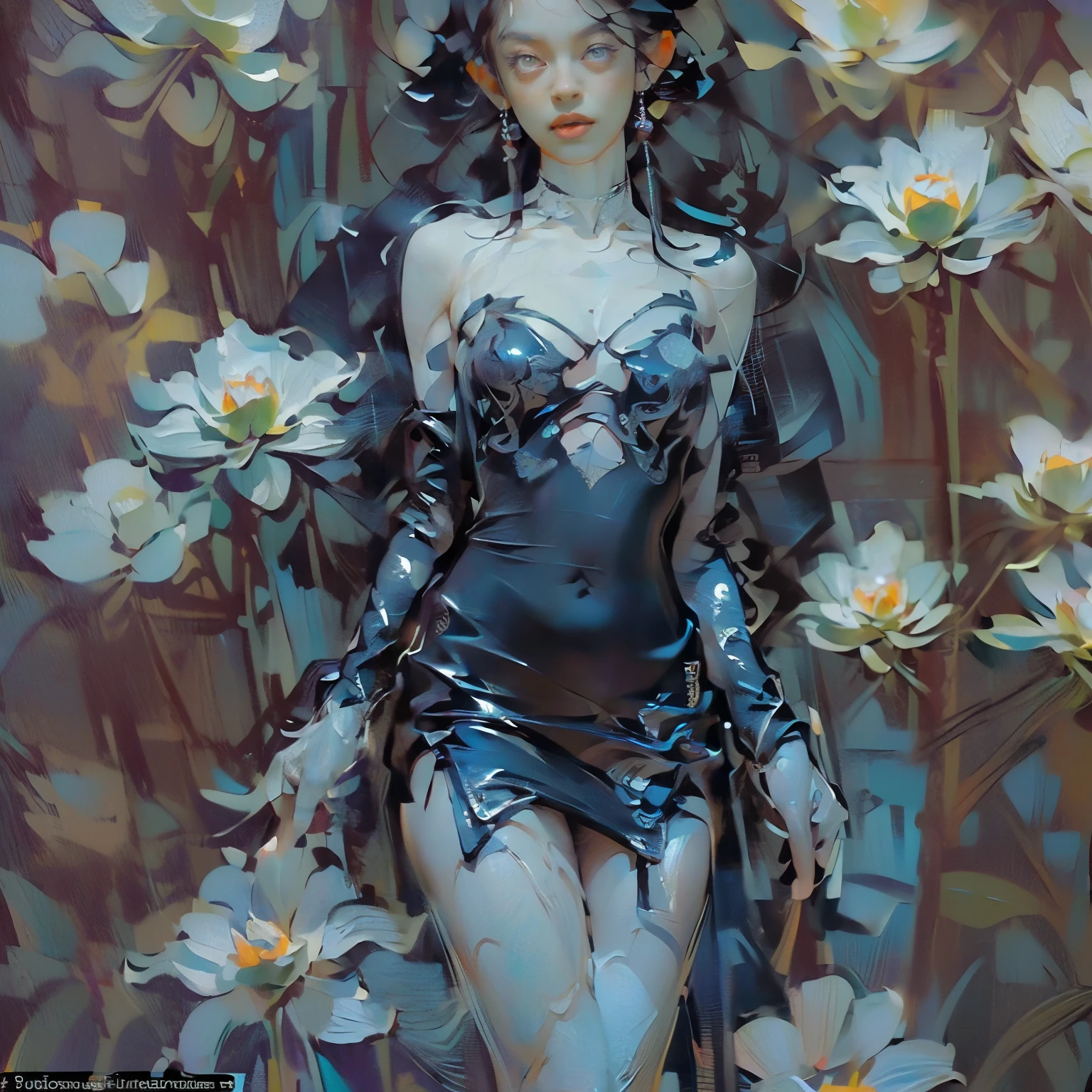 ((Create MaxZenArt!))_(((Little , , chibi, full-length, relaxed pose, standing, full-length)_(16+ years)))_(((Very beautiful small peach breasts, graceful figure, narrow waist, smooth hips)), ((long double braids, tight braids, long braid, braided hair, long hime haircut, dark hair, black hair, colored inner part of hair)))_(((purple_eyes:1.3) ), ((intricate eyes, beautiful detailed eyes, symmetrical eyes)), ((big eyes:1.5)),((red lips)), ((smile)))_(((Shiny skin:1.5, white skin, light skin: 1.5, white skin, shiny skin, very shiny skin, shiny body, reflective skin)))_(((Detailed face)), ((beautiful detailed lips)), ((sexy), (erotic), ( cute, kawaii), (nsfw)))_(((Eyeshadow, makeup, eyelid makeup)), ((side breasts)), ((open clothes, showing skin)), ((bare shoulders, black dress- lace)), ((black chiffon dress, very short)), (((tight-fitting, (black), sheer lace dress)), ((standing almost completely naked, with little clothing on)), ((tiny thong) ), ((1.1, black outfit, wet clothes, intricate negligee outfit)))_ (((Shy pose: 1.3)), ((looks seductively at the viewer, embarrassed smile, shy, sexy, erotic)), ((by center, scale to size)))_(((Rule of thirds, outdoors, overgrown)), ((dark background, realistic painting, digital painting, high quality)), ((dark background 0.5, decorative background, flowers ornament, skulls)), ((decorative dark background)), ((stunning white lilies, extremely unusual)), ((skulls)), ((white lilies - large stems)), ((sunset, golden hour)), ( (gold ornaments ornaments))_(((Top quality,8K,32K, masterpiece), (high resolution),(Photorealism:1.4))_(((Cool soft shadows), (warm contrasting light, vibrant theme, detailed ) ), ((high contrast, photorealistic graphics: 1.37)), ((digital painting, oil painting, wide wet brushstroke)), ((best quality, 4k, high resolution, masterpiece: 1.2)), ((ultra detail), (realistic, photorealistic, photorealistic: 1.37)).