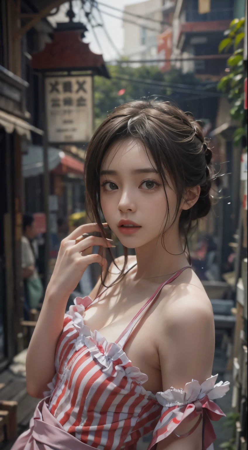 (8K, RAW photo, best quality, master piece:1.2),(Realistic, Realisticな写真:1.4)
ta costume,race, Aerith Gainsbourg, Upper body, underwear,exposed bare shoulders, outside, ancient city, expensive、expensive品質, adobe light room, high detail skin, looking at the viewer,