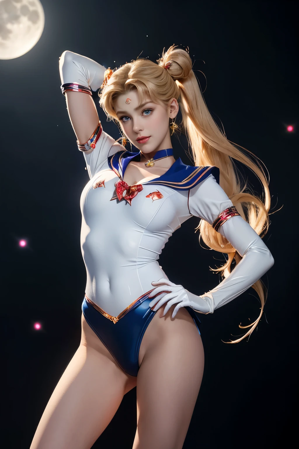 Masterpiece, Full: 1.3, Stand, 8K, 3D, Realistic, Ultra Micro Shooting, Top Quality, Extreme Detail CG Unity 8K Wallpaper, from below, intricate details, (1 female), 18 years old, (Sailor Moon supersailormoon mer1, Tiara, Sailor Senshi Uniform Sailor: 1.2, Sailor Moon: 1.2), Impossibly long bright twin-tailed blonde, thin and very long straight twin-tailed blonde, hair bun, red round hair ornament in a hair bun, Sailor Senshi uniform, (blue collar, blue sailor collar, blue pre-gate mini skirt: 1.3, very large red bow on the chest: 1.3, long white latex gloves: 1.3, red gloves on the elbows, Very large red bow behind the waist: 1.1, cleavage is looking large, golden tiara, earrings), (face details: 1.5, bright blue eyes, beautiful face, beautiful eyes, shiny eyes, thin lips: 1.5, thin and sharp pale eyebrows, long dark eyelashes, double eyelashes), luxurious golden jewelry, thin, thin and muscular, small face, big breasts, perfect proportions, Thin waist, sexy model pose, visible pores, seductive smile, perfect hands: 1.5, high-leg swimsuit, very thin and fit high-gloss white holographic leather, octane rendering, very dramatic image, strong natural light, sunlight, exquisite lighting and shadow, dynamic angle, DSLR, sharp focus: 1.0, Maximum clarity and sharpness, (space background, moonlight, moon, dynamic background, detailed background) , medium breast, show nipples, show vagina, open legs:1.4, wide open legs