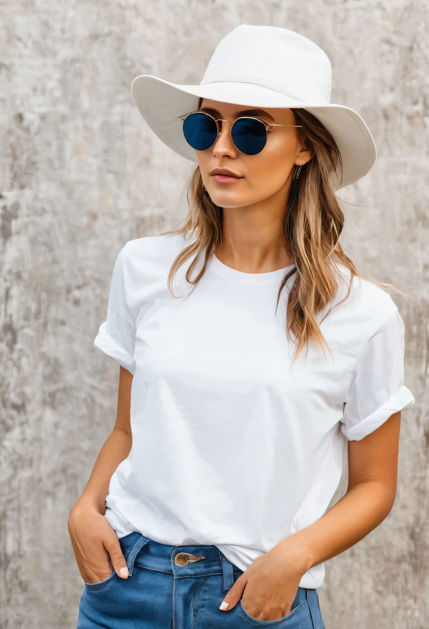 A girl wearing white color t-shirt, plain clean white T-shirt, blue jeans, boho hat, black sunglass, beautiful man, mockup, polyester and cotton fabric, front view, white t-shirt, bohemian background, boho, half sleeve white t-shirt, crew neck design, bohemian, cowgirl style