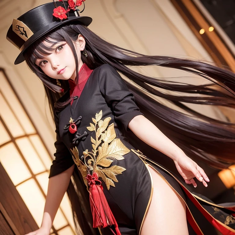 Hu Tao's overall costume can be regarded as designed mainly from Tang suits. The appearance of the costume is generally black but slightly reddish, which is more in line with the definition of black, She wears a black porkpie hat emblazoned with a wooden talisman, adorned with a red plum blossom branch in bloom, along with an indigo tassel tied in a looped knot. Hu Tao wears a traditional red shirt with a mandarin collar, a brown coat with a darker collar and sleeve cuffs, and black shorts with gold accents, in the city, sunny. Standing in the street, solo, smiling,