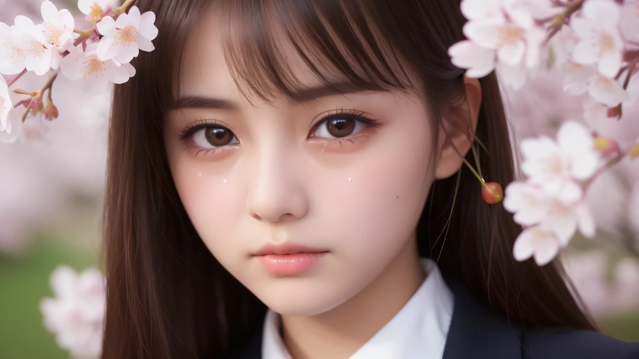 (1 girl), very cute face, small mole under the eye, (highly detailed eyes, highly detailed face), Fresh, very beautiful appearance, (surreal, High resolution), (highest quality:1.4), professional photography, (high school uniform:1.2), (Cherry blossoms at night, night:1.3), cherry blossoms, focus on face, (shed tears), (there are tears in her eyes:1.3)
