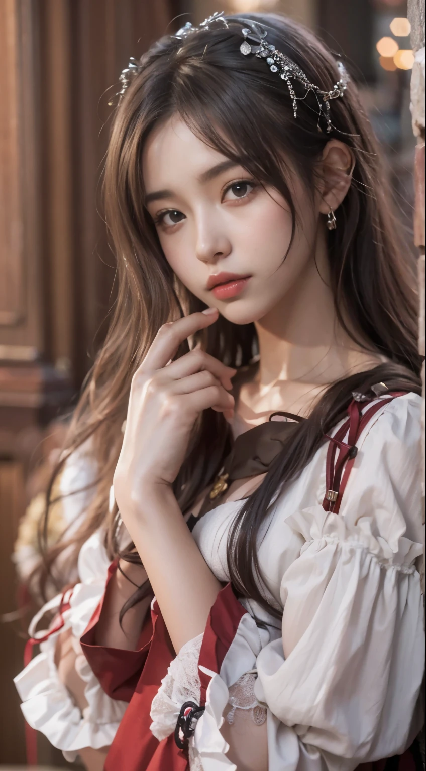 （8K， RAW photo， best quality， master piece：1.2），（Realistic， Realisticな写真：1.4)
lolita costume，race， Aerith Gainsbourg， Upper body， underwear，exposed bare shoulders， Take-out， ancient city，brown hair， high quality， adobe light room， high detail skin， looking at the viewer，