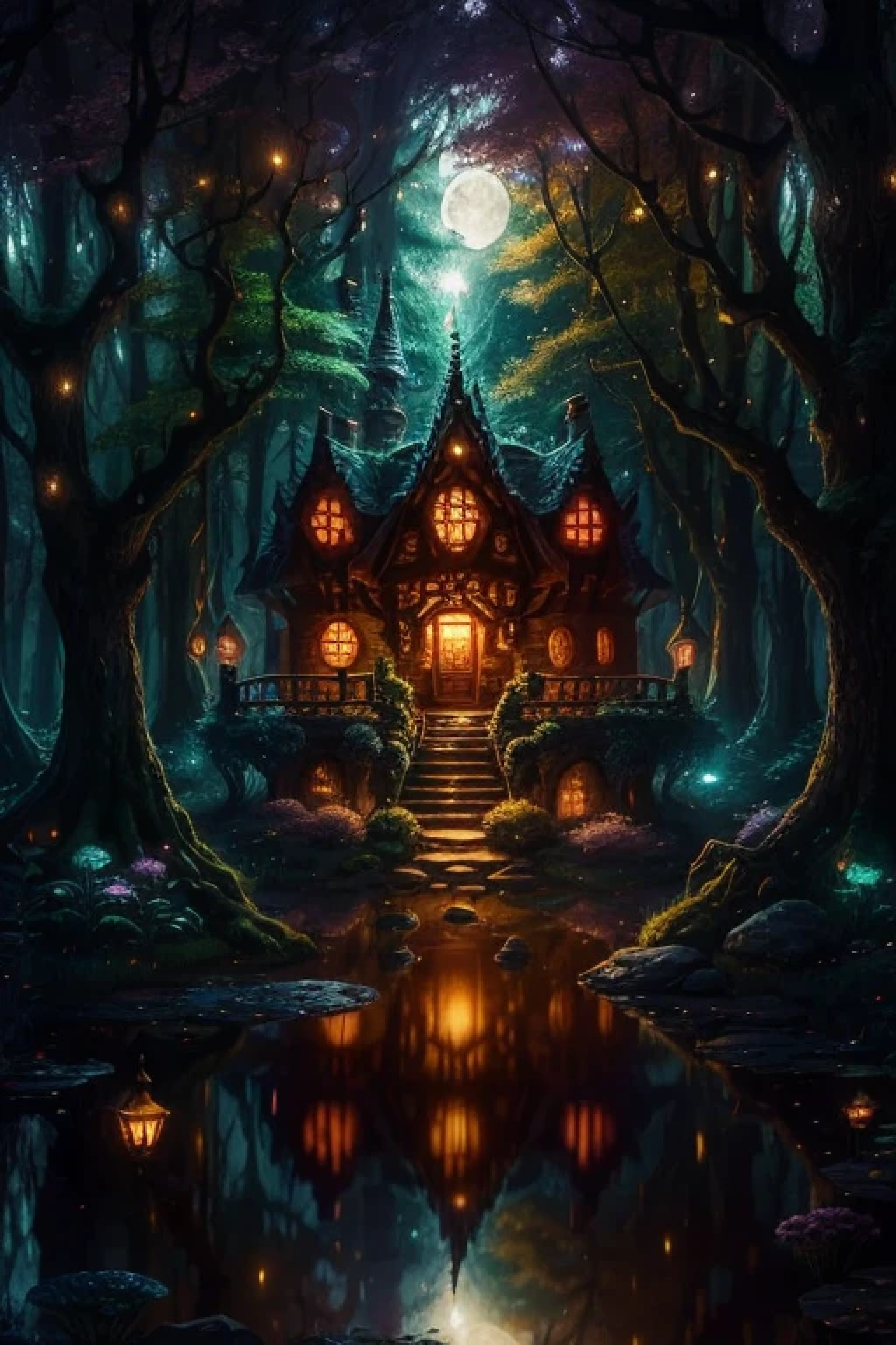 In the heart of a mystical and enchanted forest, there stands a stunningly beautiful and ultra-detailed fantasy house, bathed in the soft, vivid colors of a twilight sky. The house, reminiscent of a fairytale, is adorned with magic lights that twinkle and flicker, casting an ethereal glow over its whimsical exterior. The scene unfolds in 4K resolution, with a 16:9 aspect ratio, capturing every minute detail of this charming and captivating abode.

As the sun sets and night descends, the forest comes alive with a mystical ambiance. Sparkling stars twinkle in the moonlit sky,