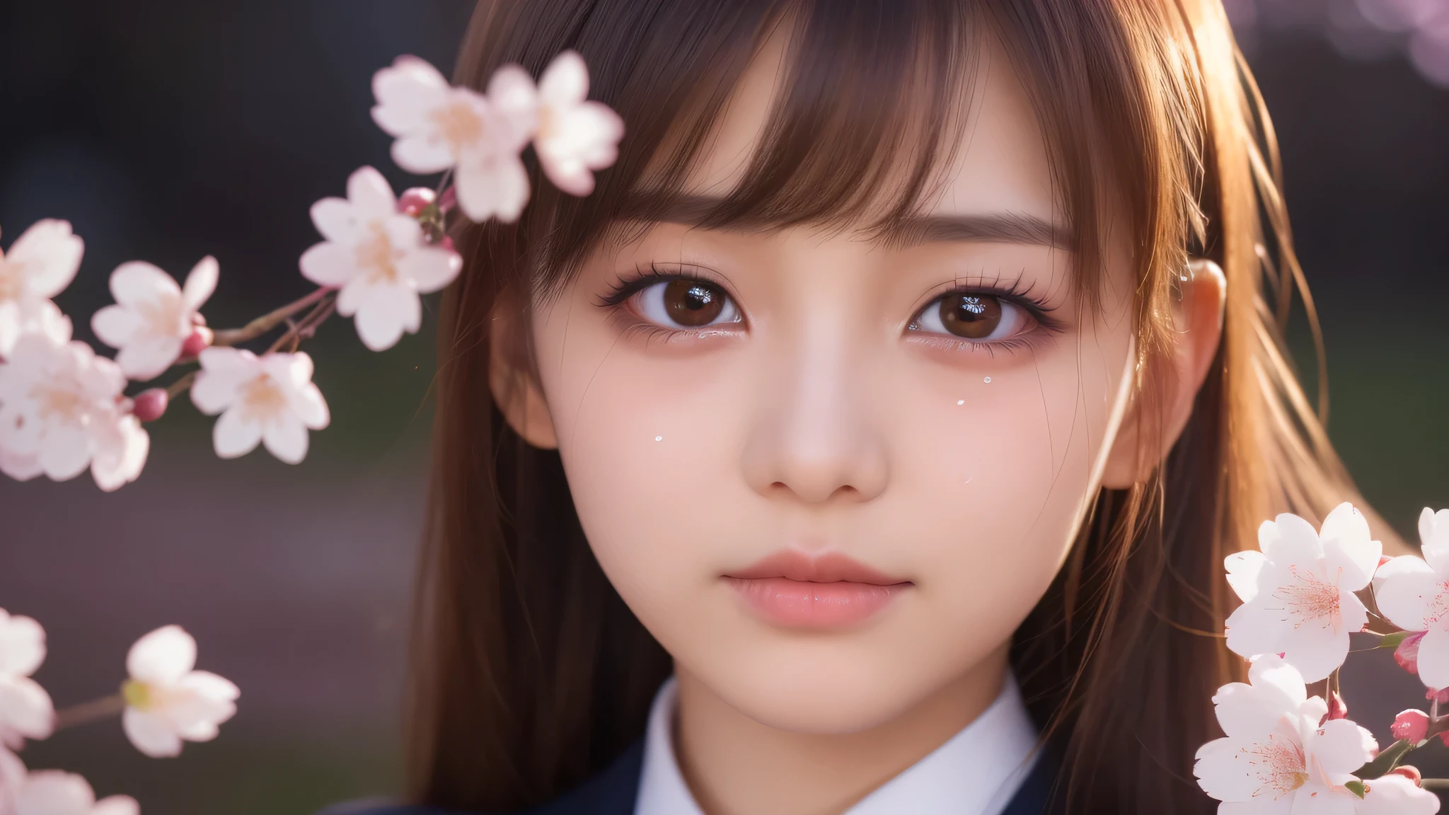(1 girl), very cute face, small mole under the eye, (highly detailed eyes, highly detailed face), Fresh, very beautiful appearance, (surreal, High resolution), (highest quality:1.4), professional photography, (high school uniform:1.2), (Cherry blossoms at night, night:1.3), cherry blossoms, focus on face, (shed tears), (there are tears in her eyes:1.3) 