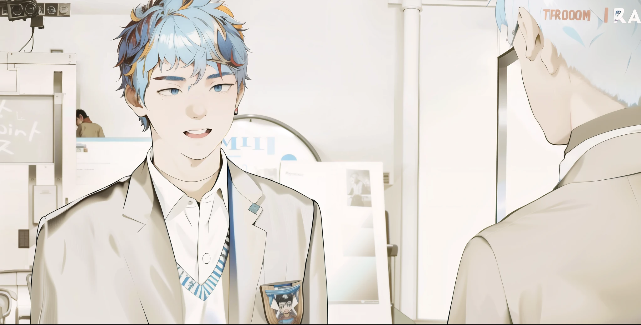 boy with blue hair is in the school music room with a friend standing in front of him.