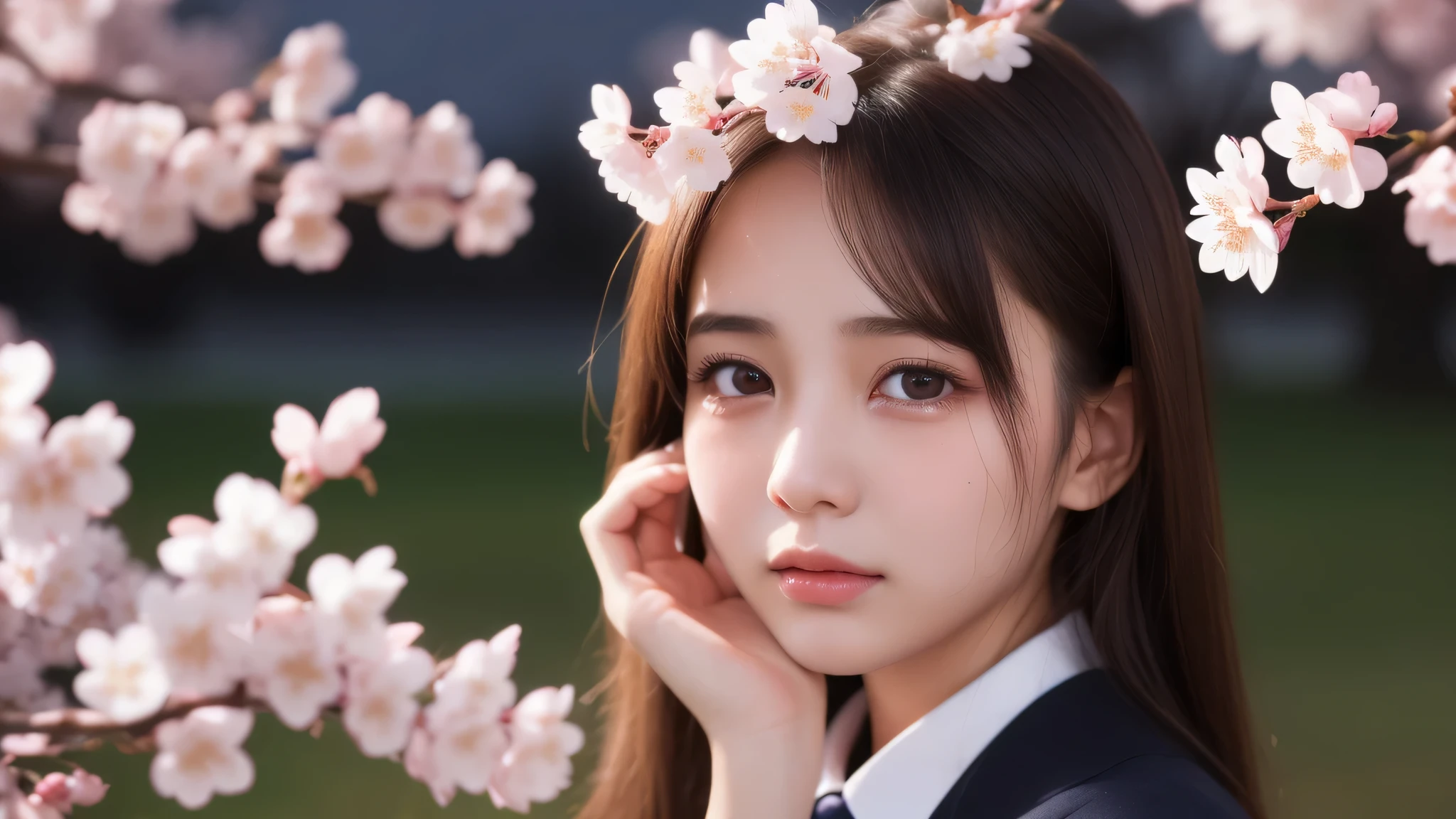 (1 girl), 17yo, very cute face, small mole under the eye, (highly detailed eyes, highly detailed face), Fresh, very beautiful appearance, (surreal, High resolution), (highest quality:1.4), professional photography, (high school uniform:1.2), (Cherry blossoms at night, night:1.3), cherry blossoms, focus on face, (shed tears), (there are tears in her eyes:1.3) 