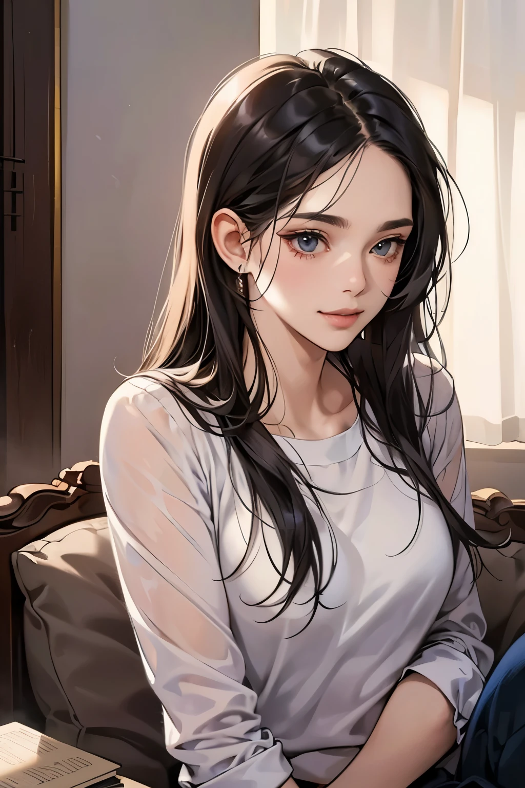 (table top, digital art, digital illustration, 4k, 8K, Super detailed, beautiful images, clear image, realistic, Raw photo, perfect face, perfect lines, perfect eyes, soft lighting) 1 female, (long black hair,One Len、straight hair、bullish look,Beautiful woman,suit,solid makeup,small breasts、23 year old female,:1.3),secretary, suitを着たハンサムな男性 2 人, (human,suitを着た男,muscular,solid shoulder width, human,boyish hairstyle,british gentleman's style,A man in his 30s with a cool expression,28 year old man with a bright smile:1.2),Light-filled living room、chocolate、couple、coupleキス、romance、romanceポルノ、look at each other、hug each other