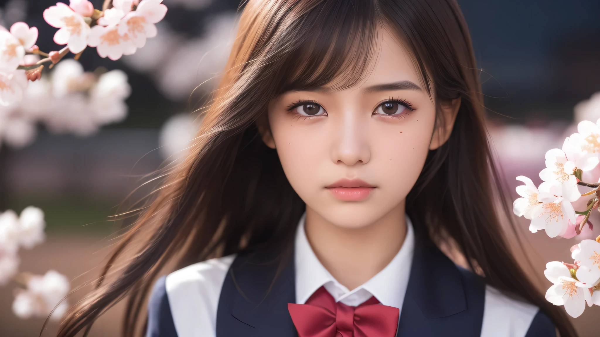 (1 girl), 17yo, very cute face, small mole under the eye, (highly detailed eyes, highly detailed face), Fresh, very beautiful appearance, (surreal, High resolution), (highest quality:1.4), professional photography, (high school uniform:1.2), (Cherry blossoms at night, night:1.3), cherry blossoms, focus on face, (shed tears), (there are tears in her eyes:1.3)