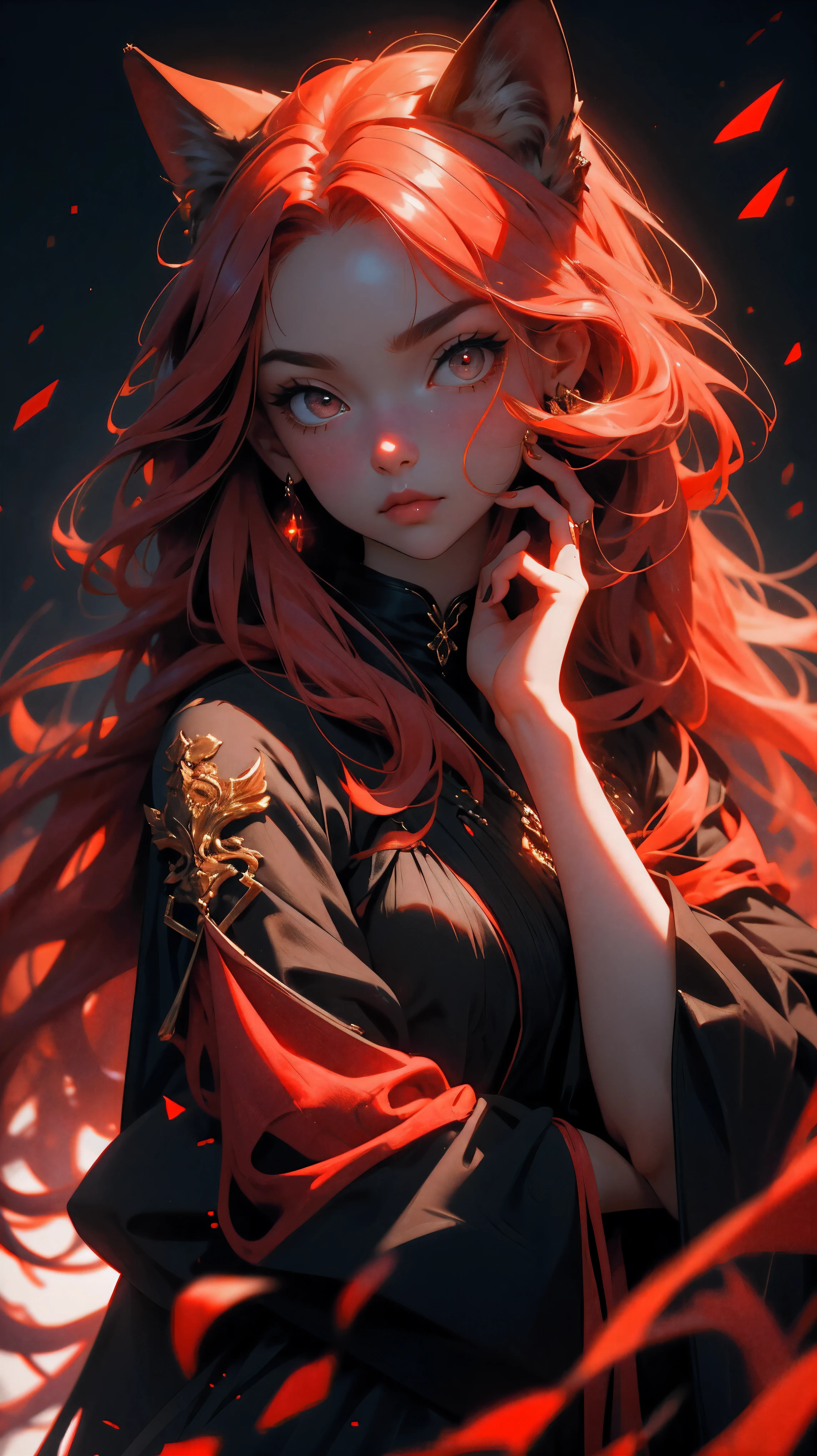 close up, beautiful young girl, red long hair, black eyes, red fox in the hands, girl holding red fox, 8k, high detailed, high realism, dark fantasy art