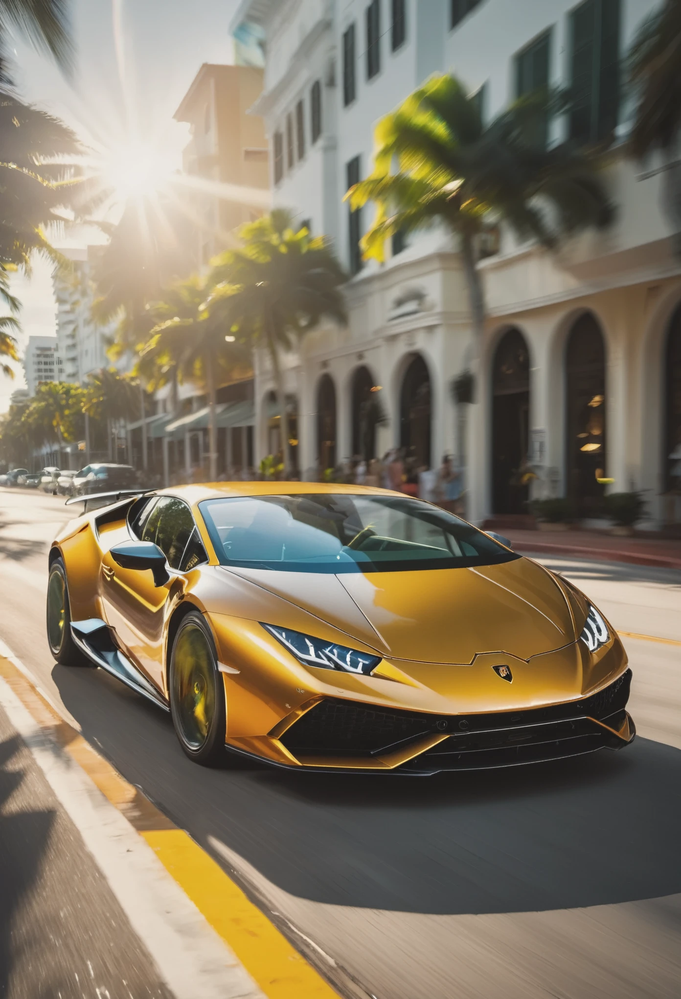 lamborghini huracan performante driving in miami street, [carhelper:photohelper], Retrofutur, motion blur, CinemaHelper, Chrome reflections, sun flare, Extremely detailed, Intricate details