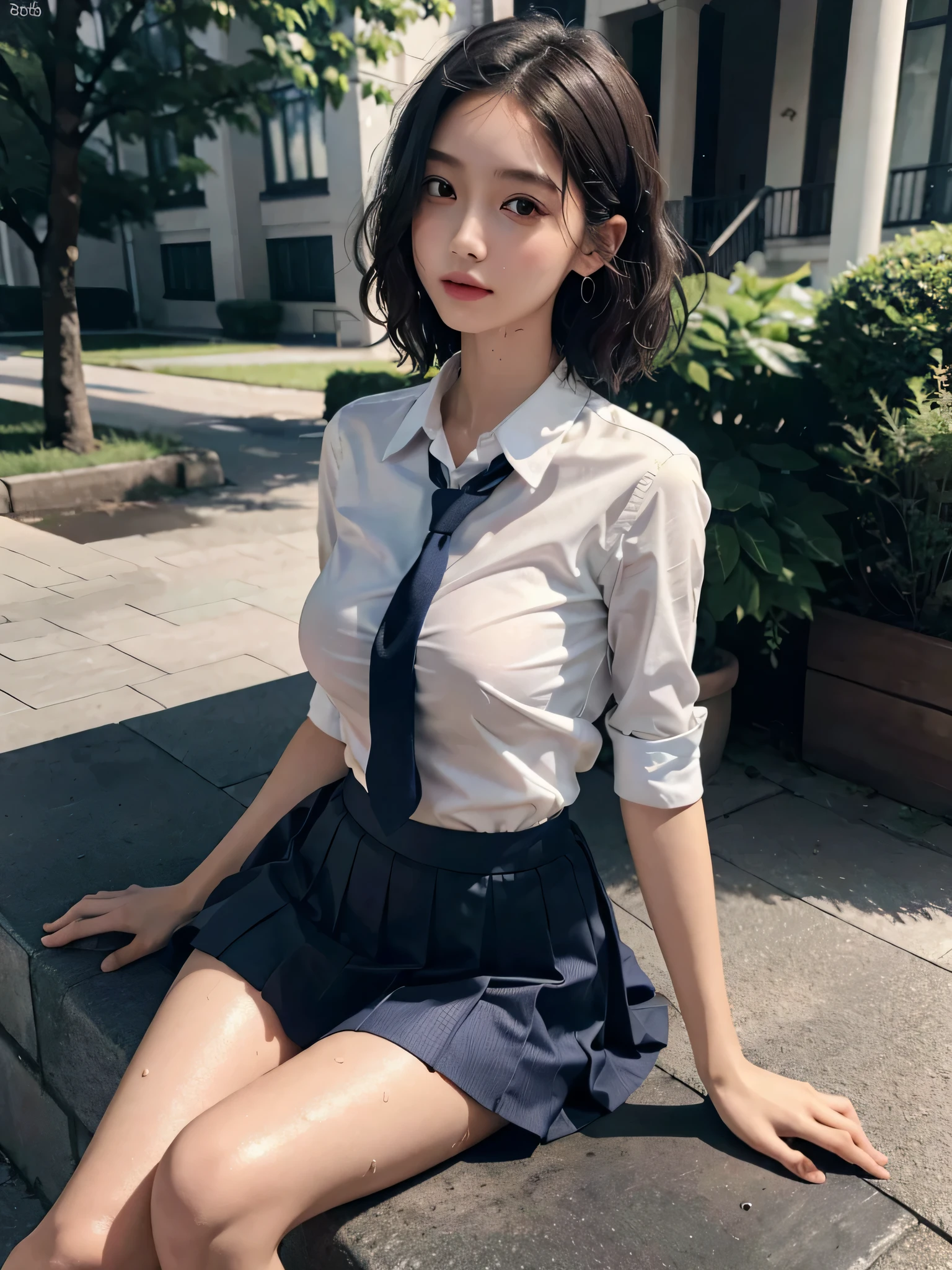 disorganized, Raw photo, very delicate and beautiful, masterpiece, highest quality, ultra high resolution, 32k, surreal, Super detailed, perfect anatomy, perfect figure, super dense skin, Highly detailed CG 8k wallpaper, Very slim body, tight waist, very small head, very small face, delicate features, tearful mole, very big earrings, thin legs, (very huge round breasts:1.2), (full body shot:1.1), (1 girl:1.2), short hair, (wavy hair:1.2), (wet clothes:1.1), (school uniform:1.2), collared shirt,