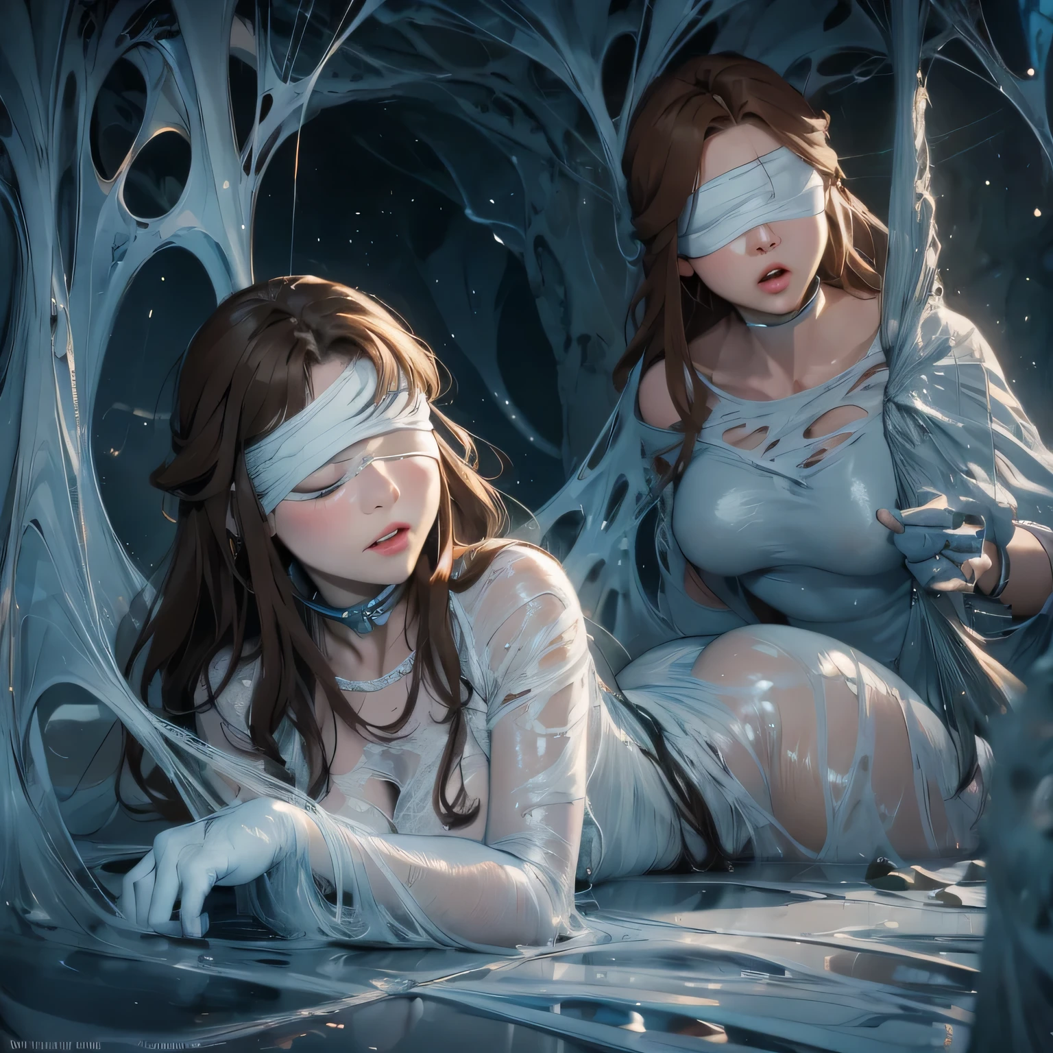 1girl,Spider weaves a net on a girl, very realistic, very detailed,bed,stretched, dark cave, struggle in the net,brown haired, very long nightgown,lying down,(blindfold:1.4),(ballgag:1.4)