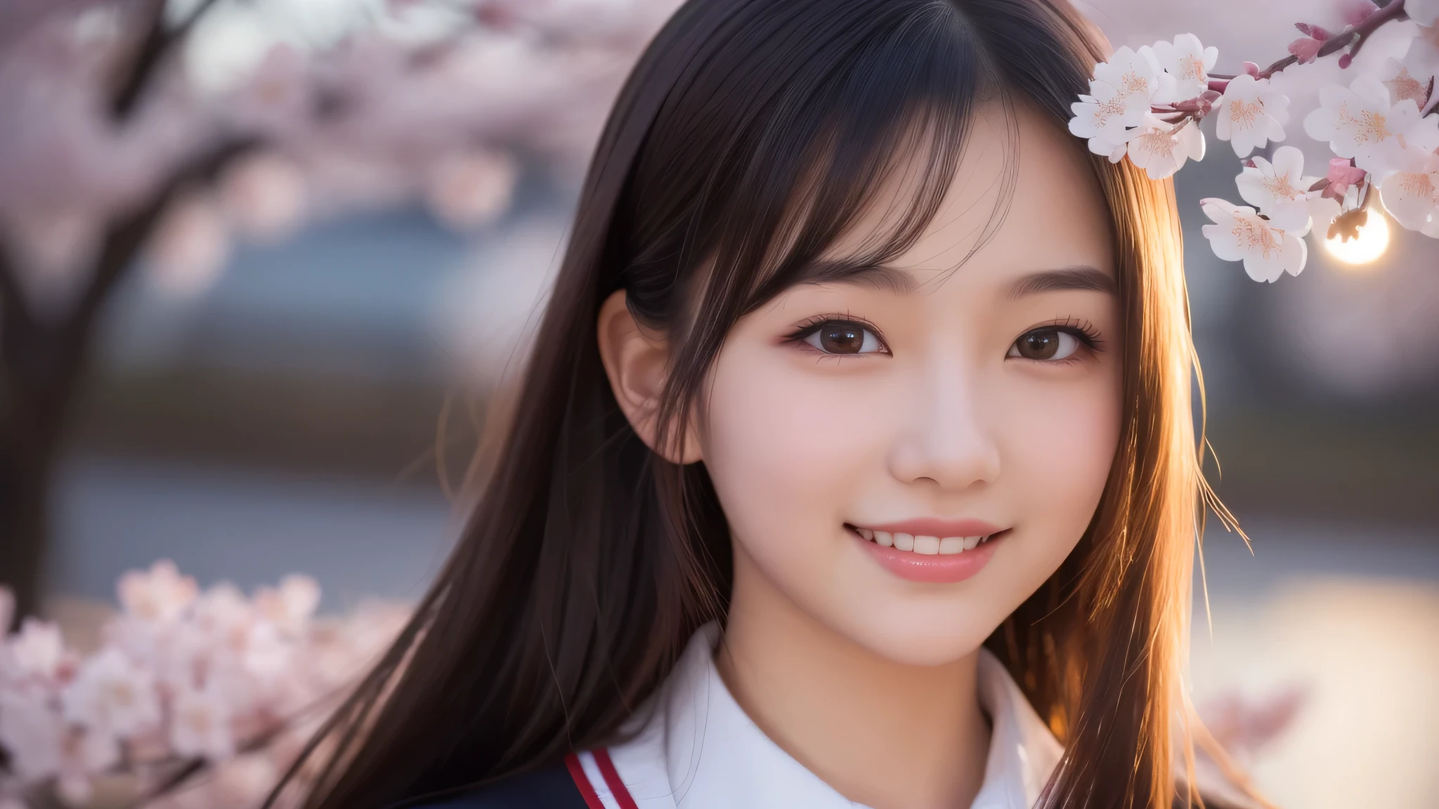 (1 girl), 17yo, very cute face, enchanting smile, (small mole under the eye), (highly detailed eyes, highly detailed face), Fresh, very beautiful appearance, (surreal, High resolution), (highest quality:1.4), professional photography, (high school uniform:1.2), (Cherry blossoms at night, night:1.3), cherry blossoms, focus on face,