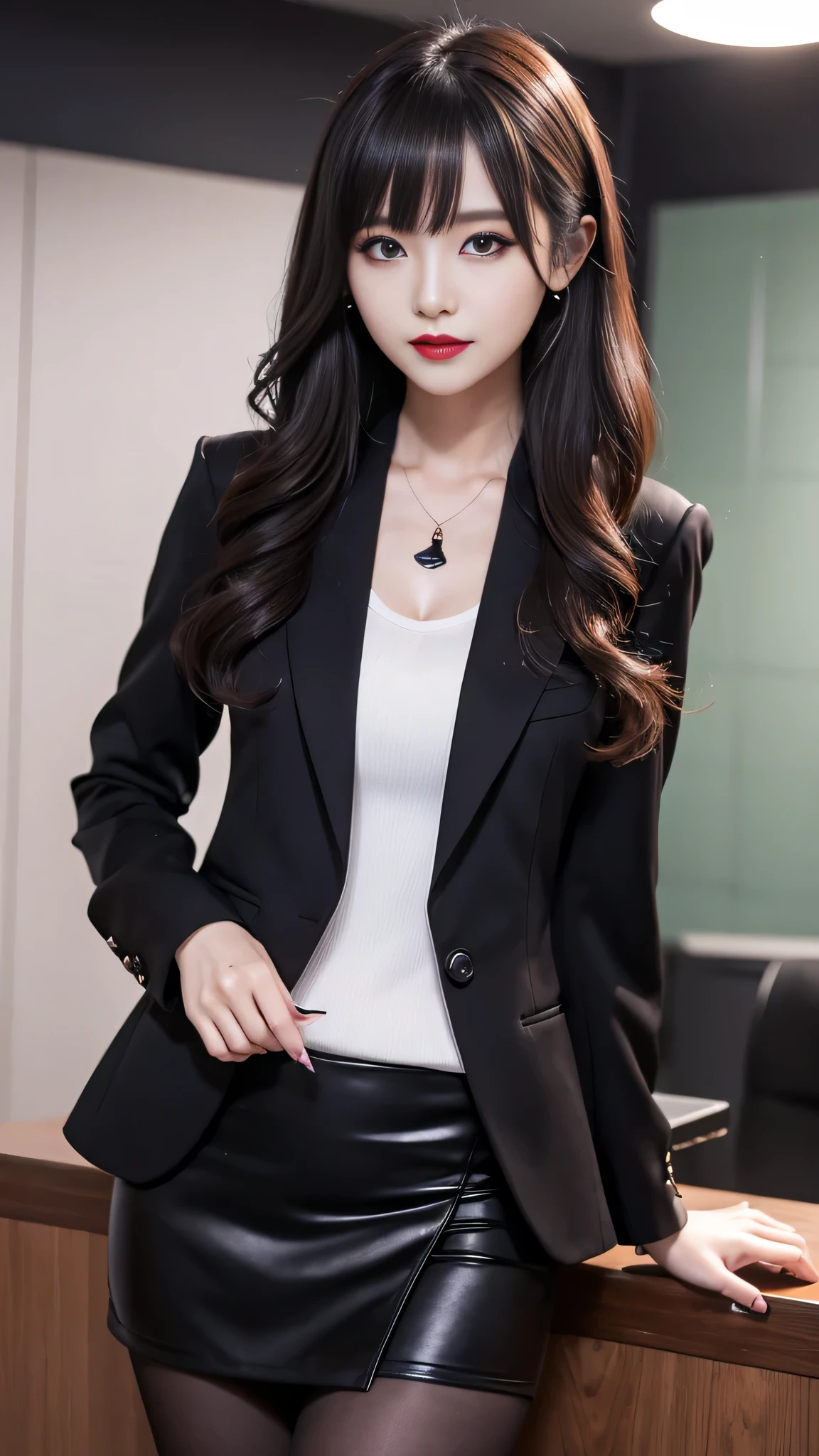 Super detailed、Japanese、charming beauty、seductive adult woman、Beautiful woman、sharp eyes、cool girl、wavy hair、flowing bangs、suit、Jacket、blouse、Tight Skirt、pantyhose、beautiful feet、evilの幹部、evil depravity、brainwashing、Mind control、lipstick、grin、evilな表情、evil、empty eyes、evil、night lab、vampire、Succubus、vampire、Possessed and turned black、makeup brush