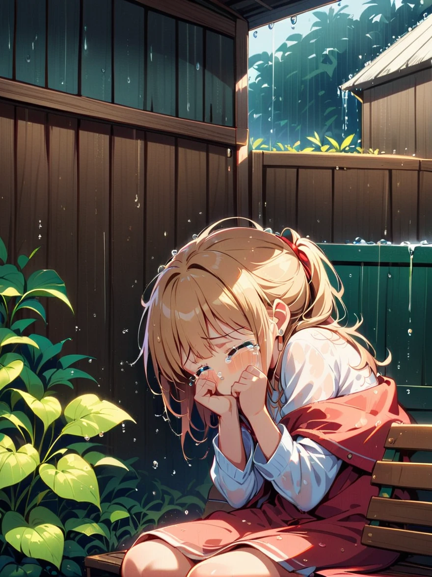 1girl,sit on bench,close up,wet,(sad cry:1.8),(shed tears:1.8),heavy rain,garden