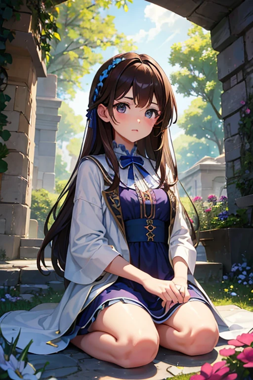 brown hair girl,ojos azules,usando un vestido morado,tomando de en el jardin de dia acostada,en primavera,colores frios