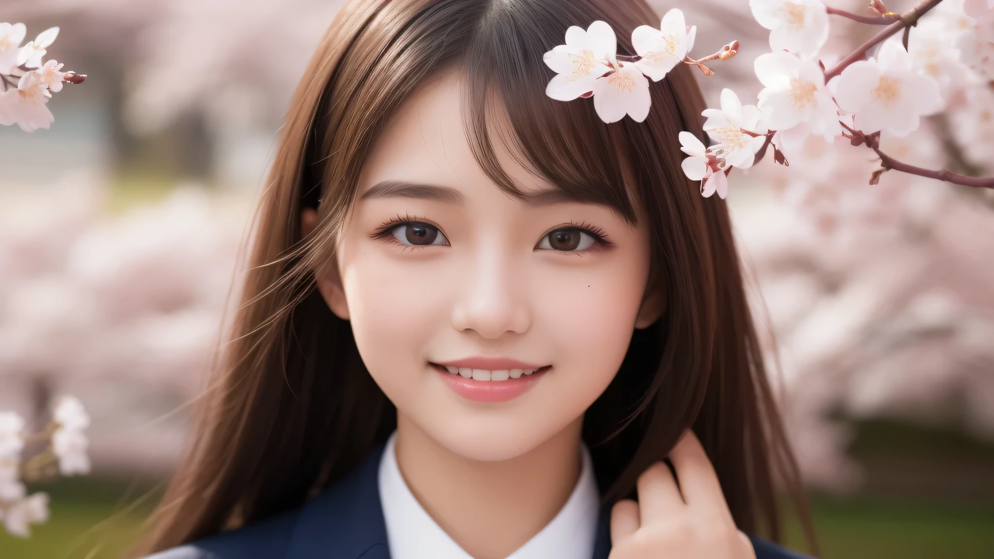 (1 girl), yo, very cute face, enchanting smile, (small mole under the eye), (highly detailed eyes, highly detailed face), Fresh, very beautiful appearance, (surreal, High resolution), (highest quality:1.4), professional photography, (high school uniform:1.2), (Cherry blossoms at night, night:1.3), cherry blossoms, focus on face, 