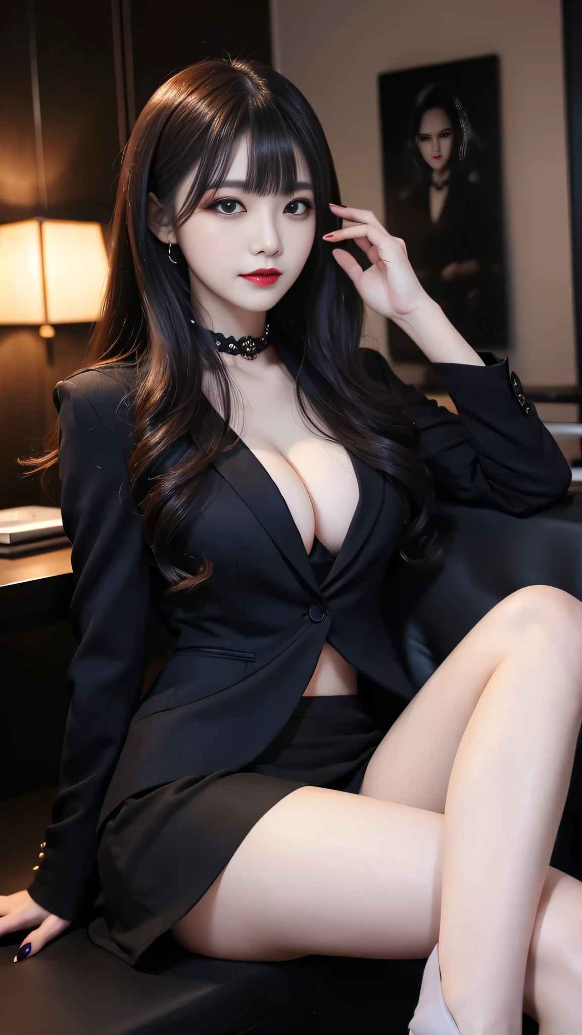 Super detailed、Japanese、charming beauty、seductive adult woman、Beautiful woman、sharp eyes、cool girl、wavy hair、flowing bangs、suit、Jacket、blouse、Tight Skirt、pantyhose、beautiful feet、evilの幹部、evil depravity、brainwashing、Mind control、lipstick、grin、evilな表情、evil、empty eyes、evil、night lab、vampire、Succubus、vampire、Possessed and turned black、makeup brush