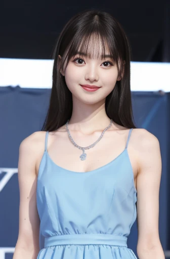 best quality, detailed, beautiful, insanely detailed, absurdres,perfect anatomy,
Japanese woman,black hair,27 years old,
(slender),
(small breasts),
smiling, standing, facing right, flipped hair, (gorgeous light blue party dress:1.1), small necklace, piercing, party venue, (full body shot:1.2)