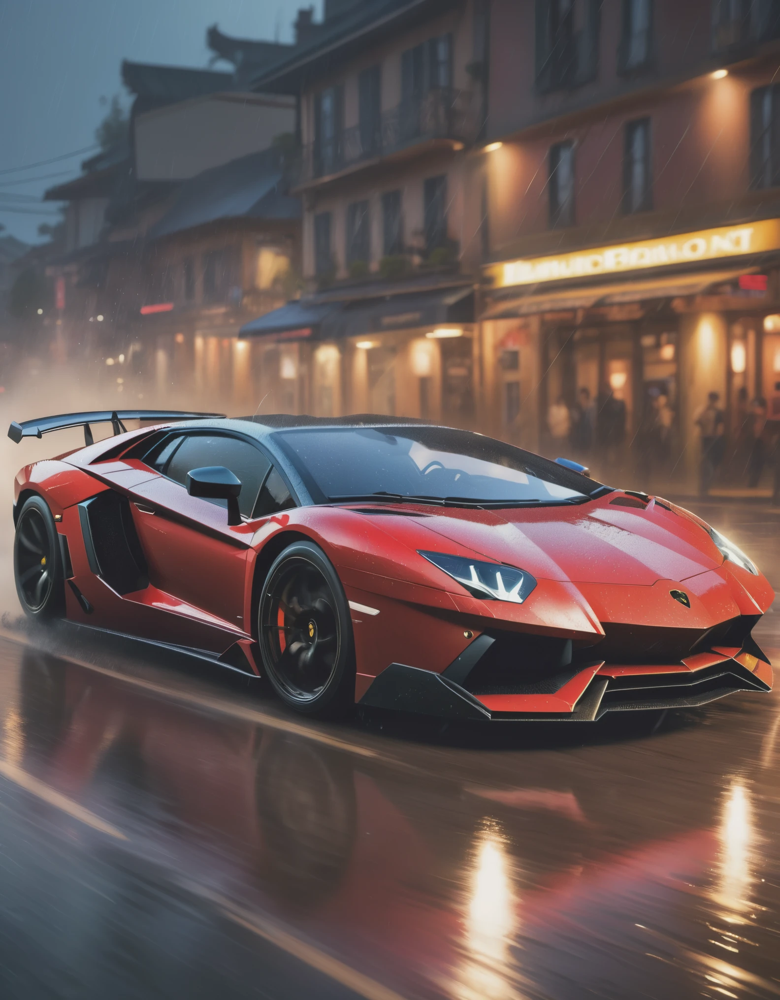 Lamborghini aventador sv drifting chase, action shot, high speed, night life, heavy rain, lens flare, intricate, elegant, highly detailed, realistic, concept art, matte, sharp focus, hearthstone