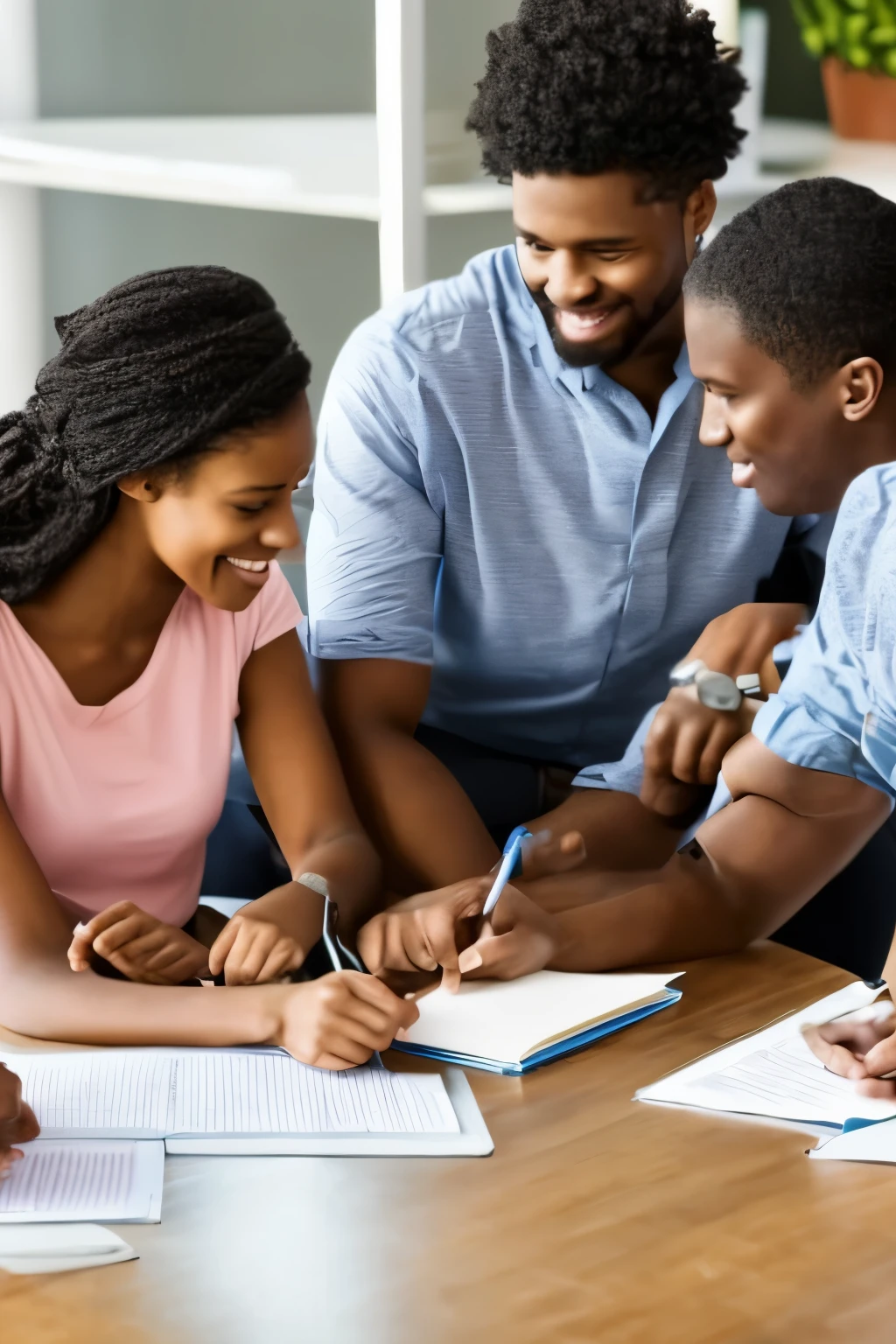 3 students sitting around one table studying