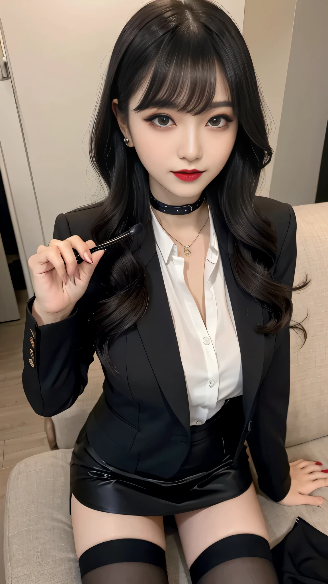 Super detailed、Japanese、charming beauty、seductive adult woman、Beautiful woman、sharp eyes、cool girl、wavy hair、flowing bangs、suit、Jacket、blouse、Tight Skirt、pantyhose、beautiful feet、evilの幹部、evil depravity、brainwashing、Mind control、lipstick、grin、evilな表情、evil、empty eyes、evil、night lab、vampire、Succubus、vampire、Possessed and turned black、makeup brush