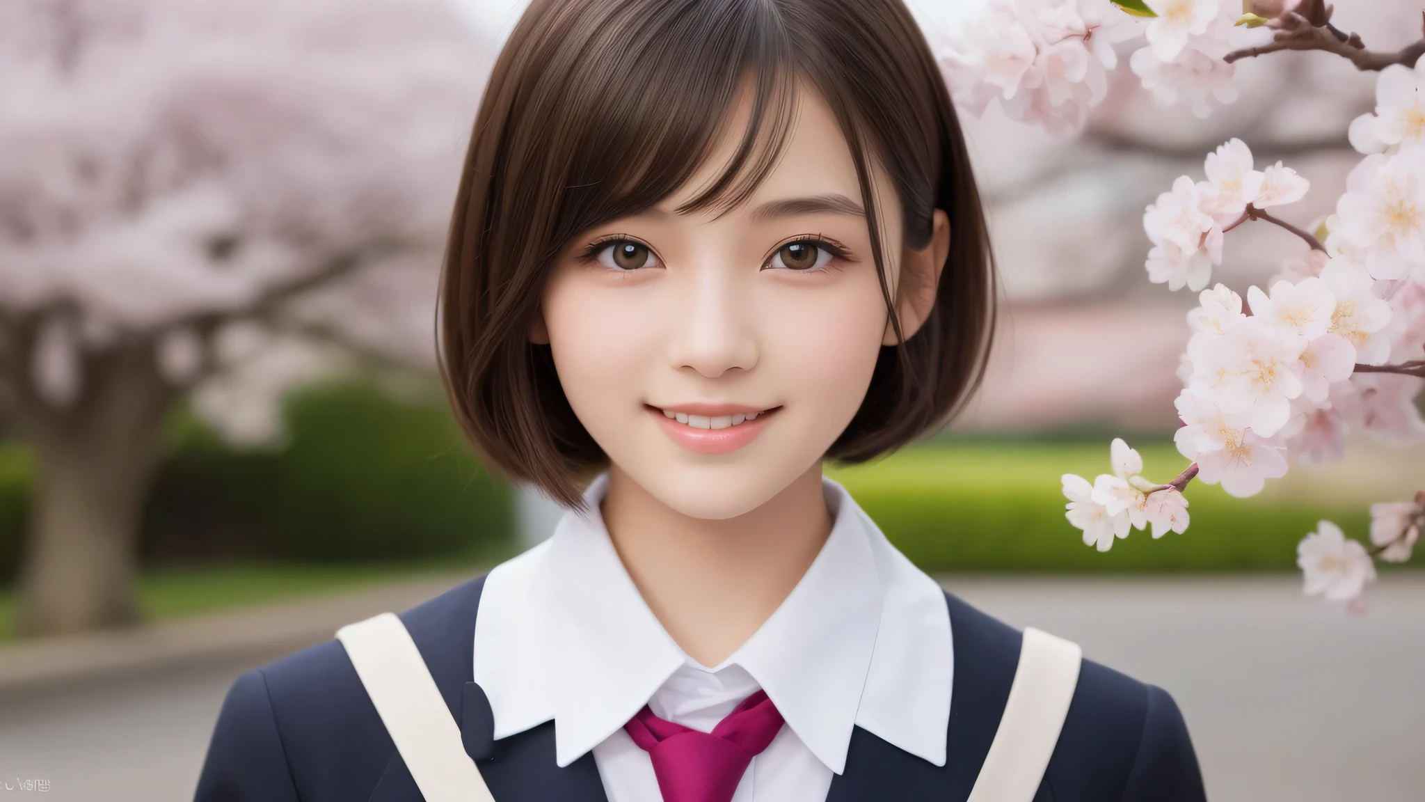 (1 girl), 17yo, (short hair), enchanting smile, (highly detailed eyes, highly detailed face), Fresh, very beautiful appearance, (surreal, High resolution), (highest quality:1.4), professional photography, (high School uniform:1.2), cherry blossoms, focus on face, School, School anime, anime illustration,