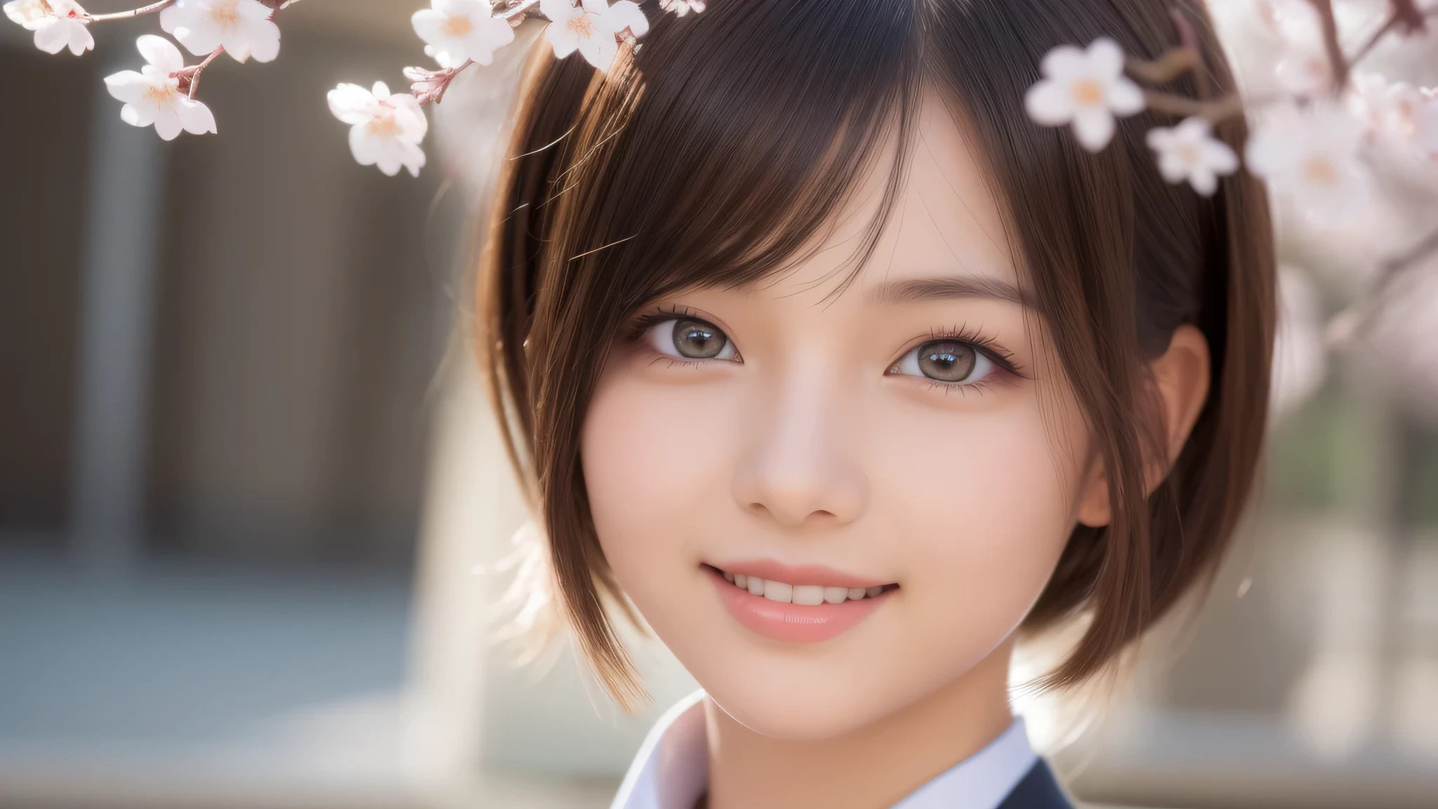 (1 girl), 17yo, (short hair), enchanting smile, (highly detailed eyes, highly detailed face), Fresh, very beautiful appearance, (surreal, High resolution), (highest quality:1.4), professional photography, (high School uniform:1.2), cherry blossoms, focus on face, School, School anime, anime illustration,