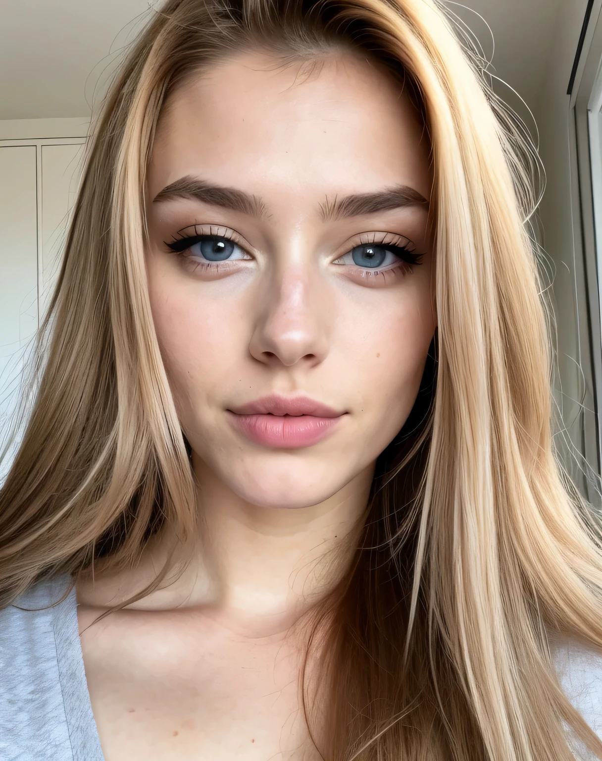 une fille, very pretty, 20 ans, bronze, Cheveux longs, cheveux blond, yeux bleus, Sourcils pointus, big lips, hacher, Realistic, clivage, Instagram, influenceur, mignon, posant, porter des vêtements, high resolution, Ultra-detailed, Des couleurs vives, Professional lighting, study,