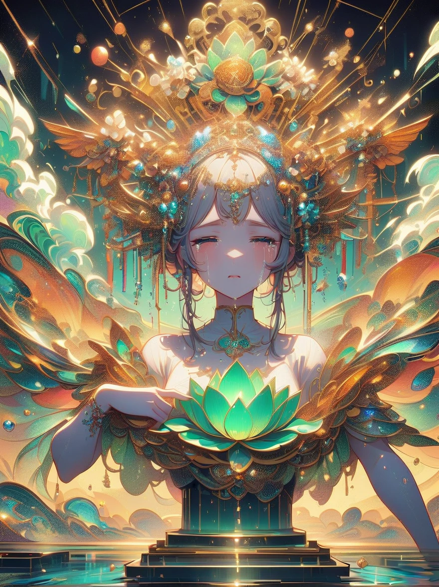 (Statue of Woman Holding Lotus Leaf), (sad crying: 1.8), (tears: 1.8), ((tears full of tears)),(White Statue 1.2), (Green Lotus Leaf: 1.2), by Russell Dongjun Lu, James Jean and Warp, (Porcelain Sculpture), Popism 3D Ultra Detailed, Highly Detailed sculpture, inspired by Fei Danxu, (jade sculpture)