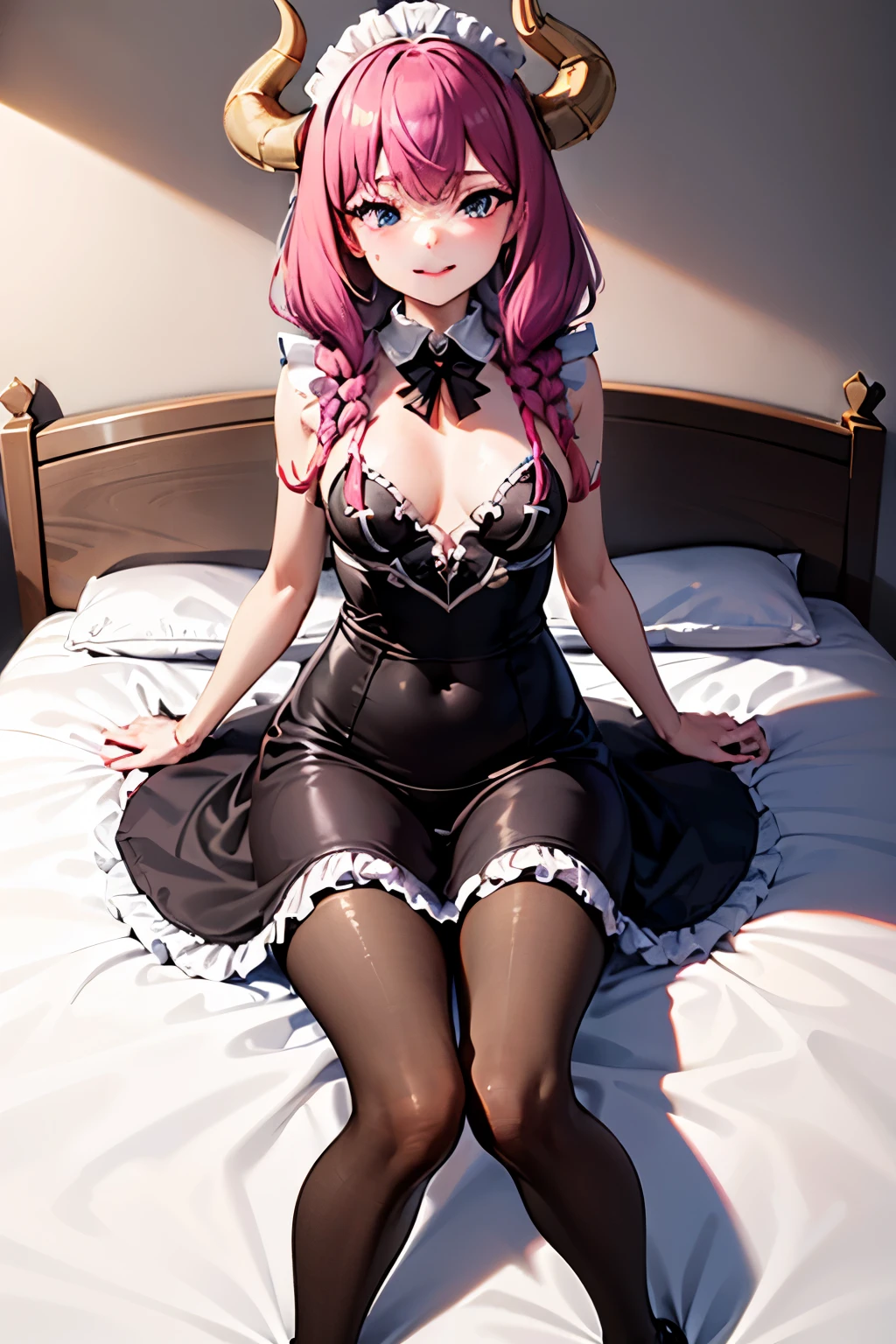 very delicate and beautiful girl,8k wallpaper,masterpiece,danntoudainoaura,Bedroom,1 girl,alone,devil&#39;s horns,devil girl,long hair,medium breasts,(Maid clothes),((pantyhose)),loafers,looking at the viewer、Photo from below、((it on the bed