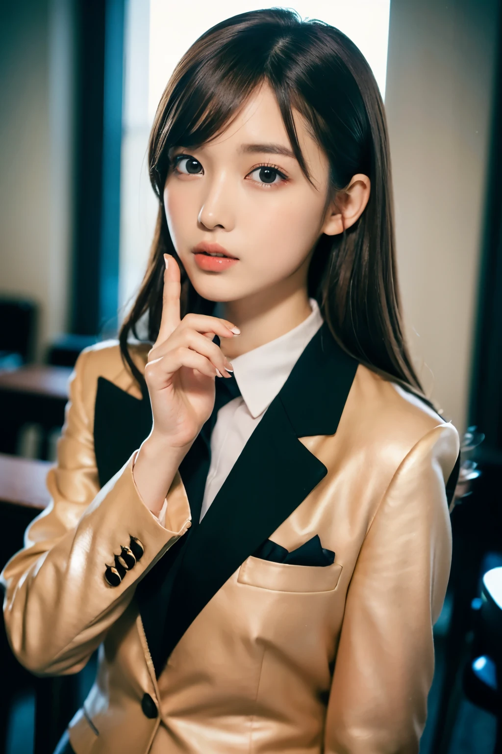 1 female, medium chest, light brown hair, dull bangs, hair behind the ear, hair on shoulders, long hair, slender body shape, Ultra fine face, thin face, delicate lips, beautiful eyes, light blush, eyes are light brown, perfect shiny skin, perfect skin, watch here, ultra thin hands, extra thin fingers, Optimal ratio of 4 fingers and 1 thumb, (realistic:1.3), one person's perspective, fuji film, f/1.2, 8K, table top, nffsw, Super detailed, High resolution, (girls blazer school uniform:1.3), various poses, classroom background, I see a lot of seats, cinematic lighting, Physically based rendering, award-winning, Carl Zeiss 85mm f/1.4, Ellen von Unwerth