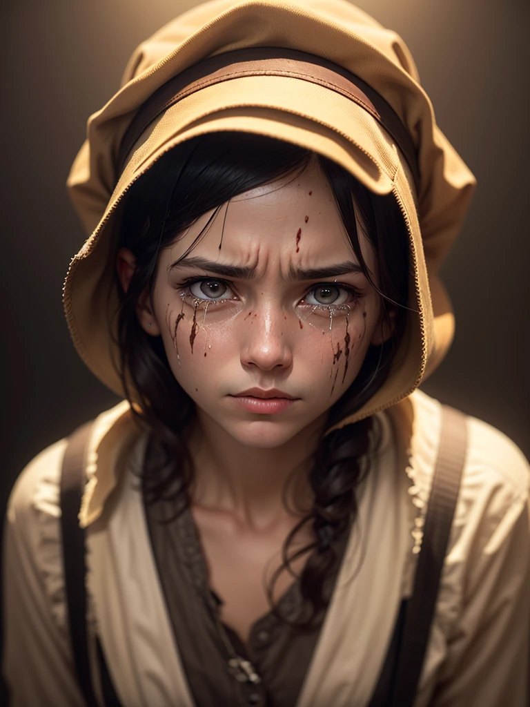 beggar:1.5, with tears on his cheeks: 1.5, torn shirt clothes: 1.3, his face with marks of dirt: 1.4, artistic photography, taking artistic photography as a professional photographer, in sepia:1.4, Very close-up:1.4, with well-defined lights and shadows:1.4, Imaginative, beautiful, perfect, meticulously detailed scene: 1.4, Masterpiece, Hyper-detailed: 1.4, Photorealistic: 1.4, 32k.