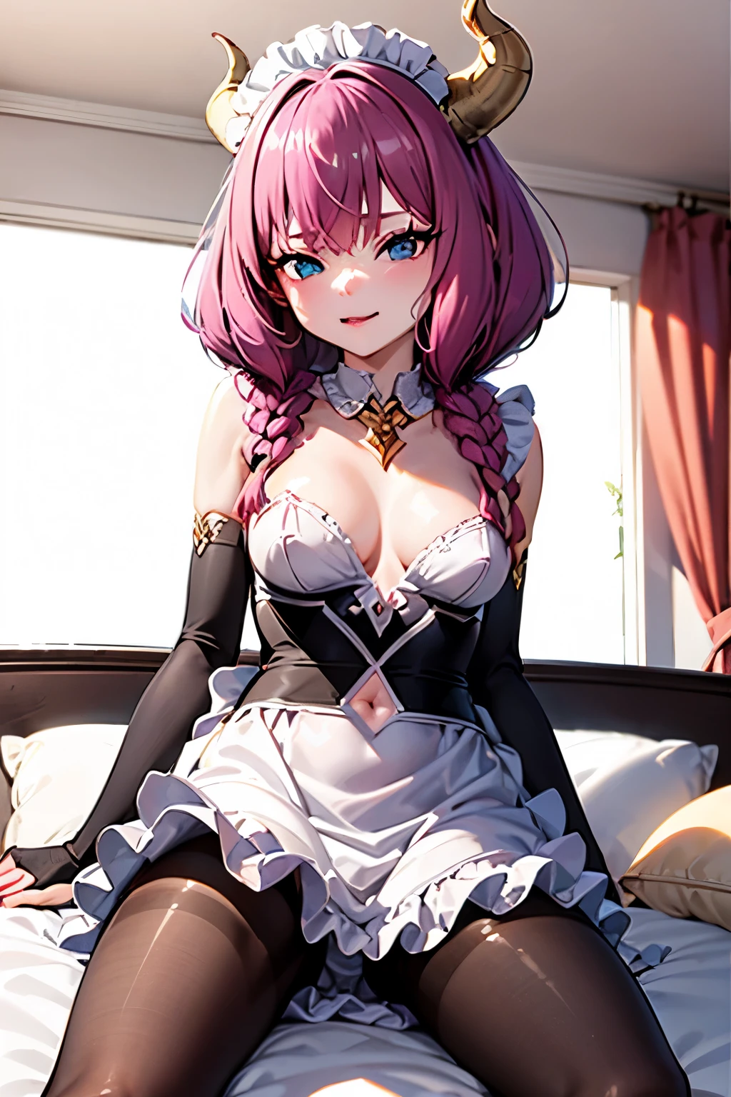 very delicate and beautiful girl,8k wallpaper,masterpiece,danntoudainoaura,Bedroom,1 girl,alone,devil's horns,devil girl,long hair,medium breasts,(Maid clothes),((pantyhose)),loafers,looking at the viewer、Photo from below、((it on the bed