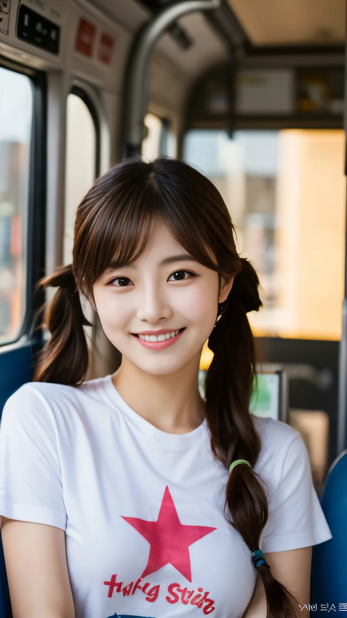 Realistic photo of cute Korean star woman, uneven twin tails, light makeup, medium chest size, smile a little, color t-shirt, by bus, Defined facial features with sharp, realistic details, Sony FE, 35mm, cinematic lighting, advanced details, Uhd, high quality, hd, 8K, 16k