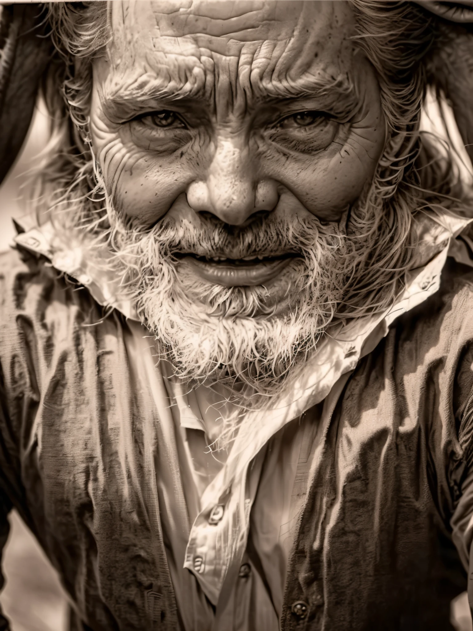 ((artistic photography, take artistic photography as a professional photographer, ((in sepia:1.5, Very close-up:1.5)), with well-defined light and shadows:1.5)),((beggar asking for alms:1.3, torn shirt clothes: 1.3, his face with dirt marks:1.3, with a sign asking for help)), ((with tears on his cheeks:1.5)), ((Imaginative scene, beautiful square)),((perfect, meticulously detailed: 1.4)), ((Masterpiece)), 3D, (Hyperdetailed: 1.3), (Photorealistic: 1.4), pose dinamica, 32k.