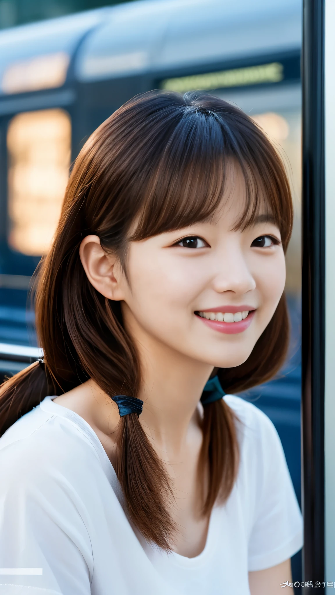 Realistic photo of cute Korean star woman, uneven twin tails, light makeup, medium chest size, smile a little, color t-shirt, by bus, Defined facial features with sharp, realistic details, Sony FE, 35mm, cinematic lighting, advanced details, Uhd, high quality, hd, 8K, 16k