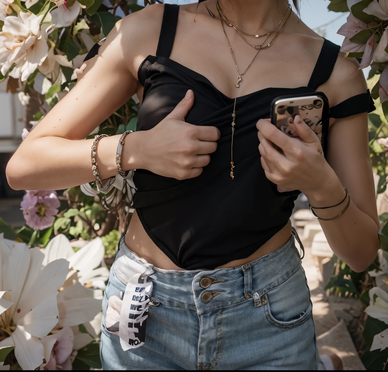 There is a woman who has a cell phone in her hand., vistiendo un top corto sexy, su ombligo esta expuesto, vistiendo top corto, usando un top corto, usando un top cortos, vistiendo una camiseta negra corta, usando varios colgantes, vistiendo una camiseta sin mangas corta negra, the smallest abdomen ever seen, vistiendo un traje de camisola negro, senos medios grandes, shorts de mezclilla cortos, sexy