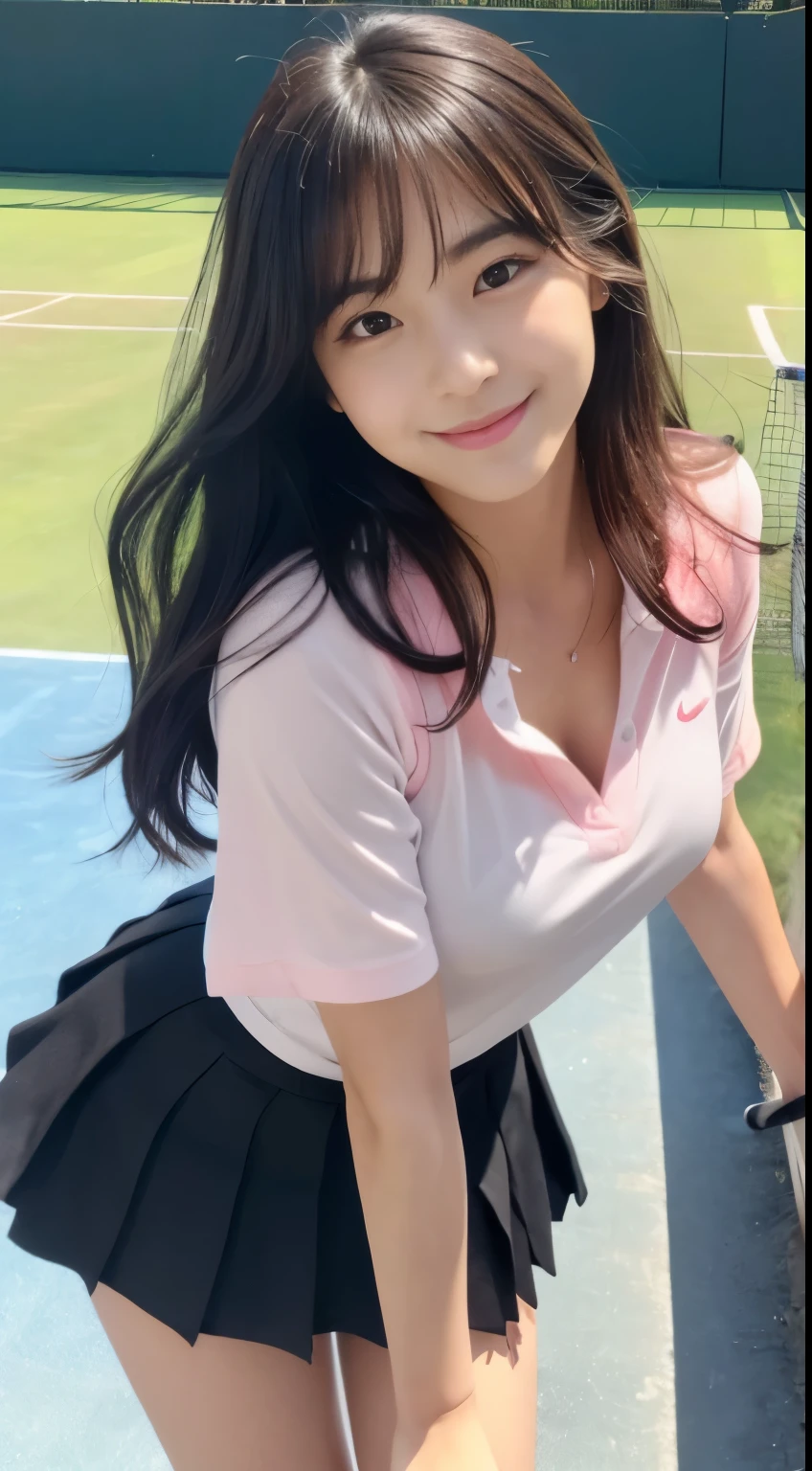 Best-quality, Masterpiece, Ultra-High-Resolution, (Photorealistic:1.4), Raw-Photo, 1girl, the
most famous Japanese idol, ((leaning forward):1.3), ((from above)), (wearing only white tennis-loose-shirt and light-pink tennis-pleated-skirt), (extremely cute face like the most popular Japanese idol, extremely childish face, ((extremely beautiful big-black-eyes)), extremely beautiful hair, extremely beautiful skins, extremely beautiful long-eyelashes, extremely beautiful lips, ((extremely beautiful cleavage):0.8), innocent-smile, dynamic-pose, detailed tennis-loose-shirt, detailed tennis-pleated-skirt